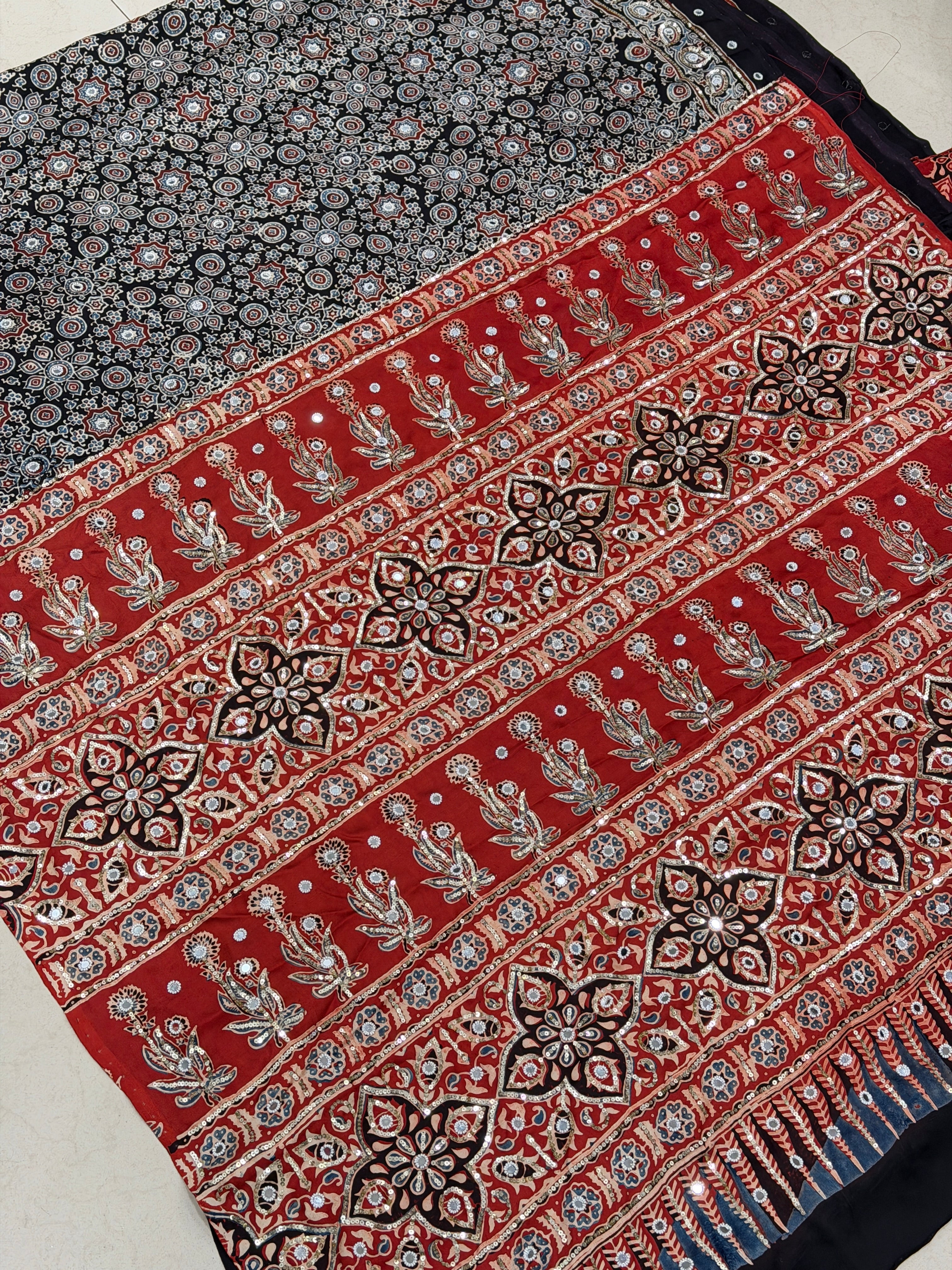 Black Red Ajrakh Jaal Real Mirror Moti Sequin Hand Embroidery Saree