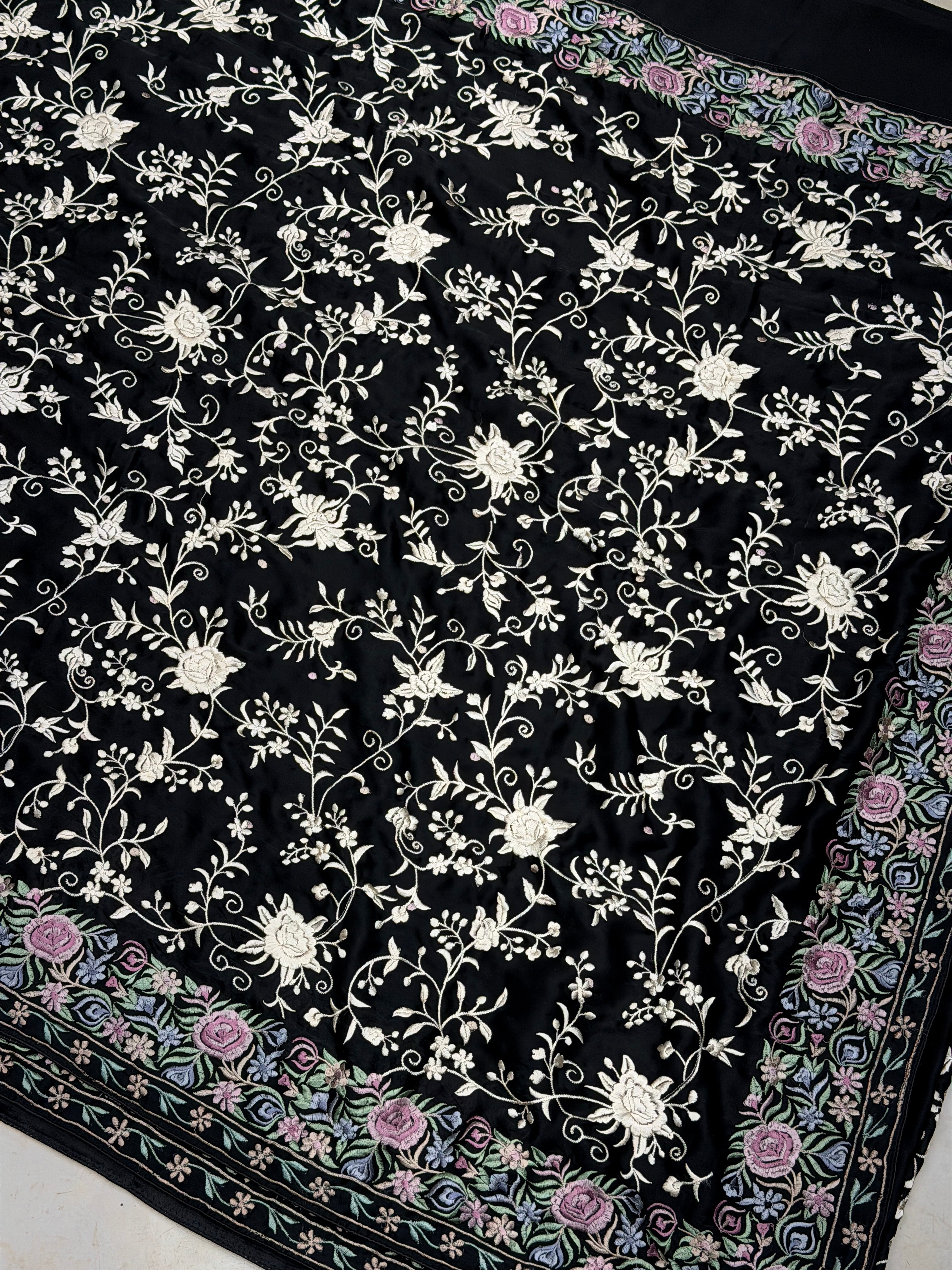 Black Crepe Floral Multi Resham Border Parsi Gara Saree