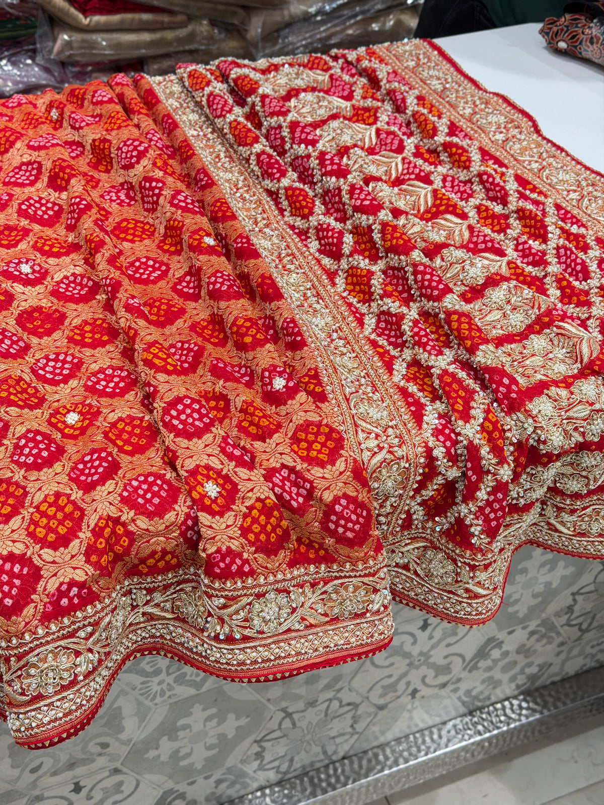 Red Rai Bandhej Georgette Saree Zardosi Hand Embroidery Saree