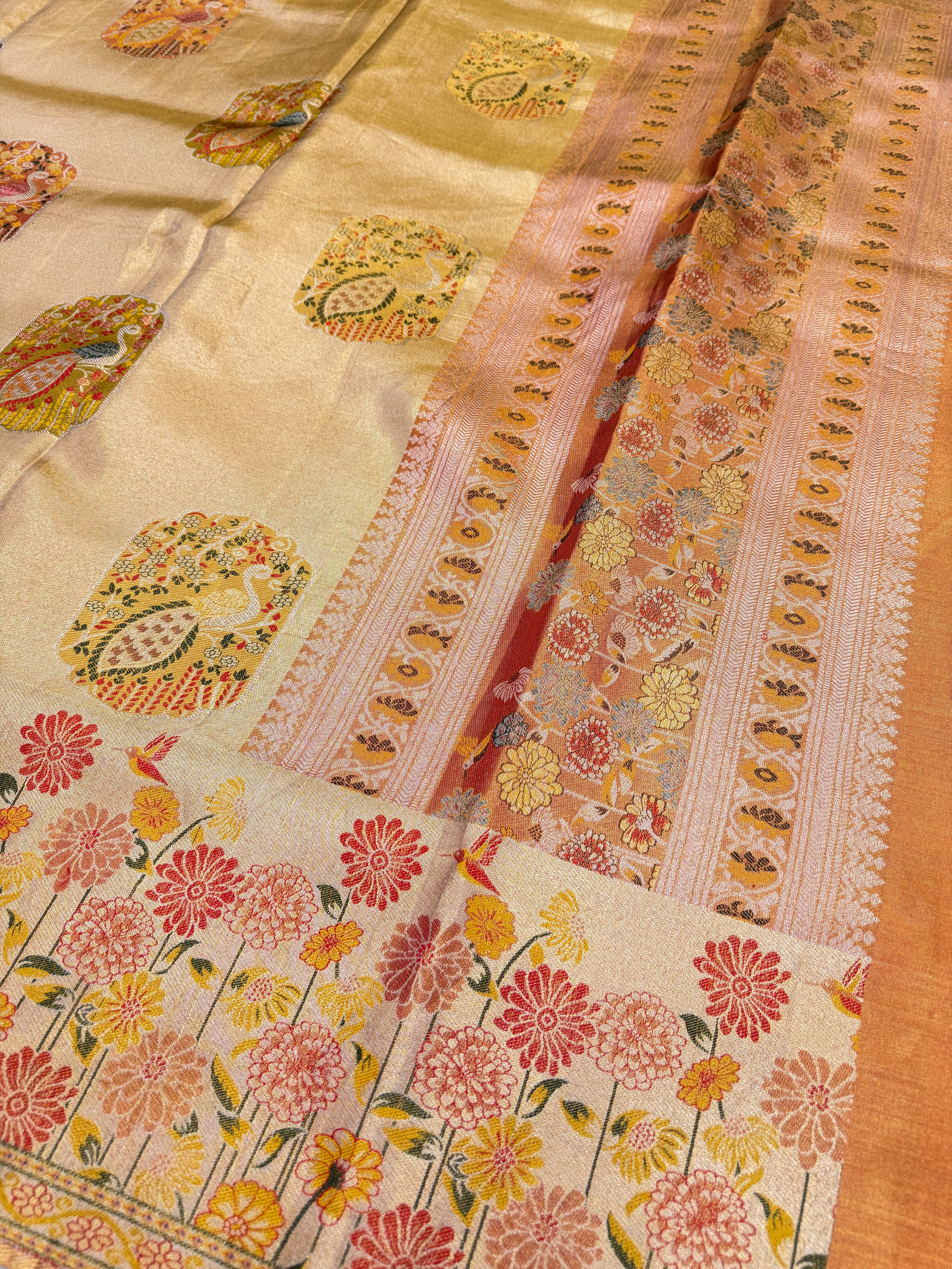 Rust Meenakari Peacock Motif Handloom Kanjivaram Tissue Silk Saree