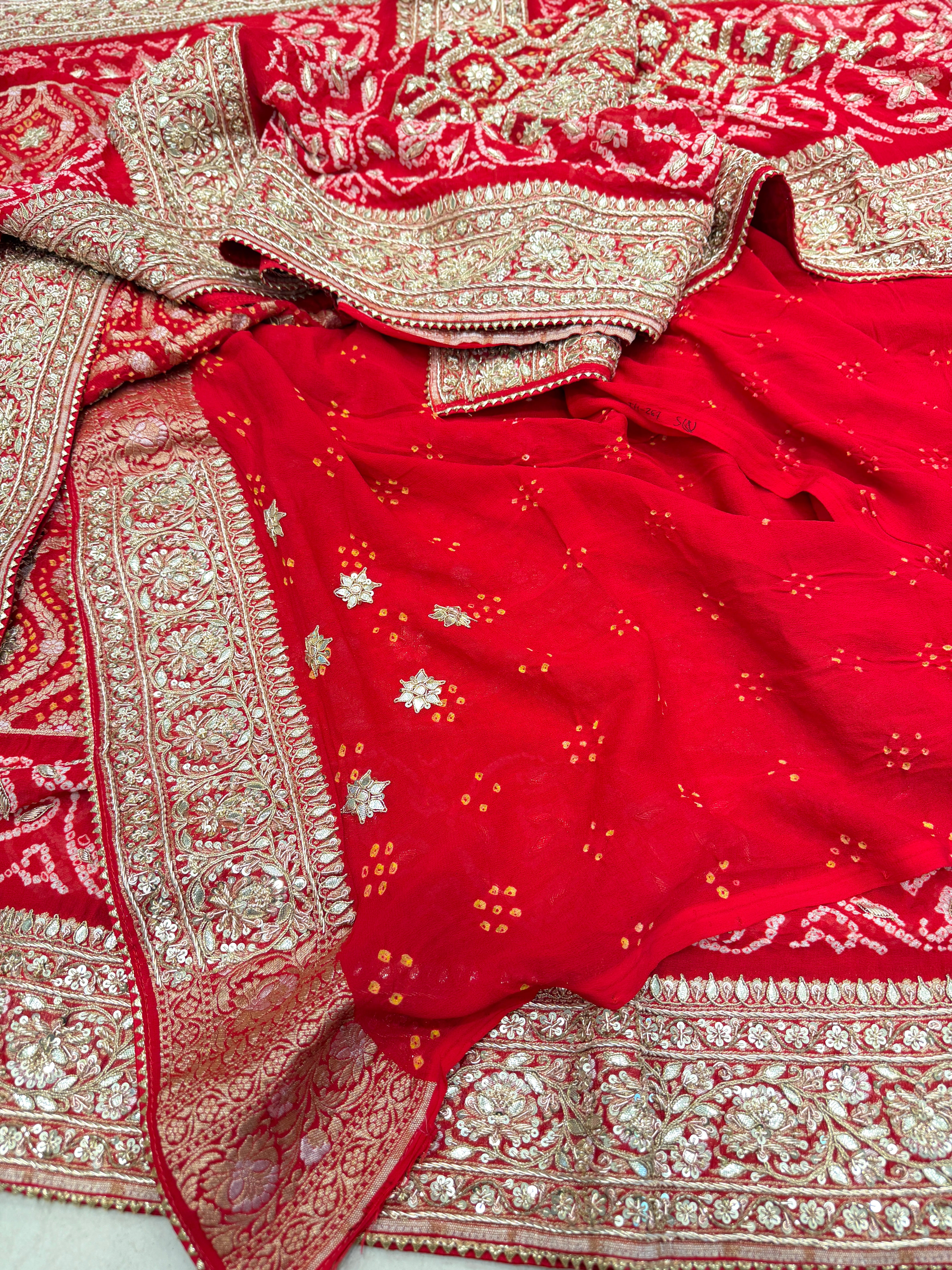 Red Bandhej Georgette Marodi Zardosi Gota Hand Embroidery Saree