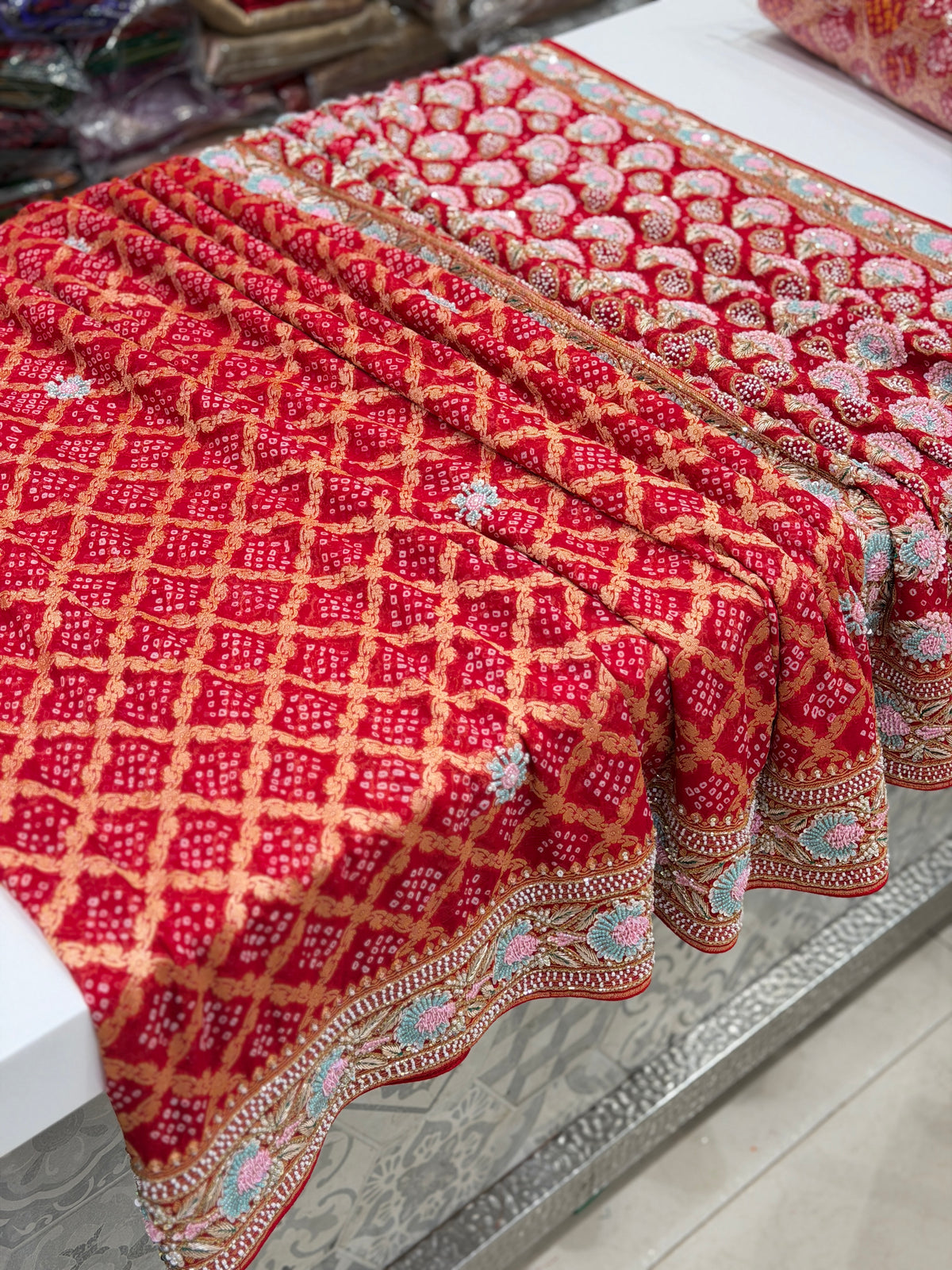 Red Bandhej Moti Zardosi Hand Embroidery Saree