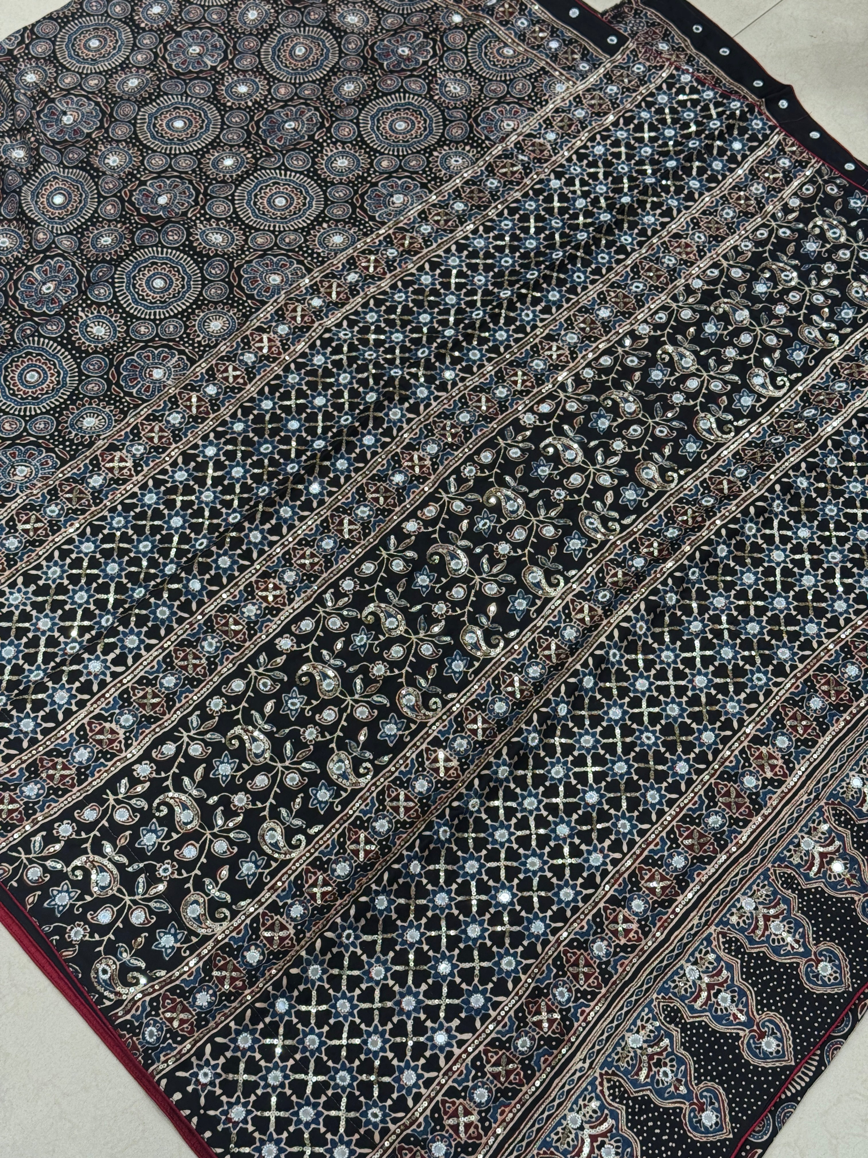 Black Badam Buttas Ajrakh Sequin Mirror Moti Hand Embroidery Saree