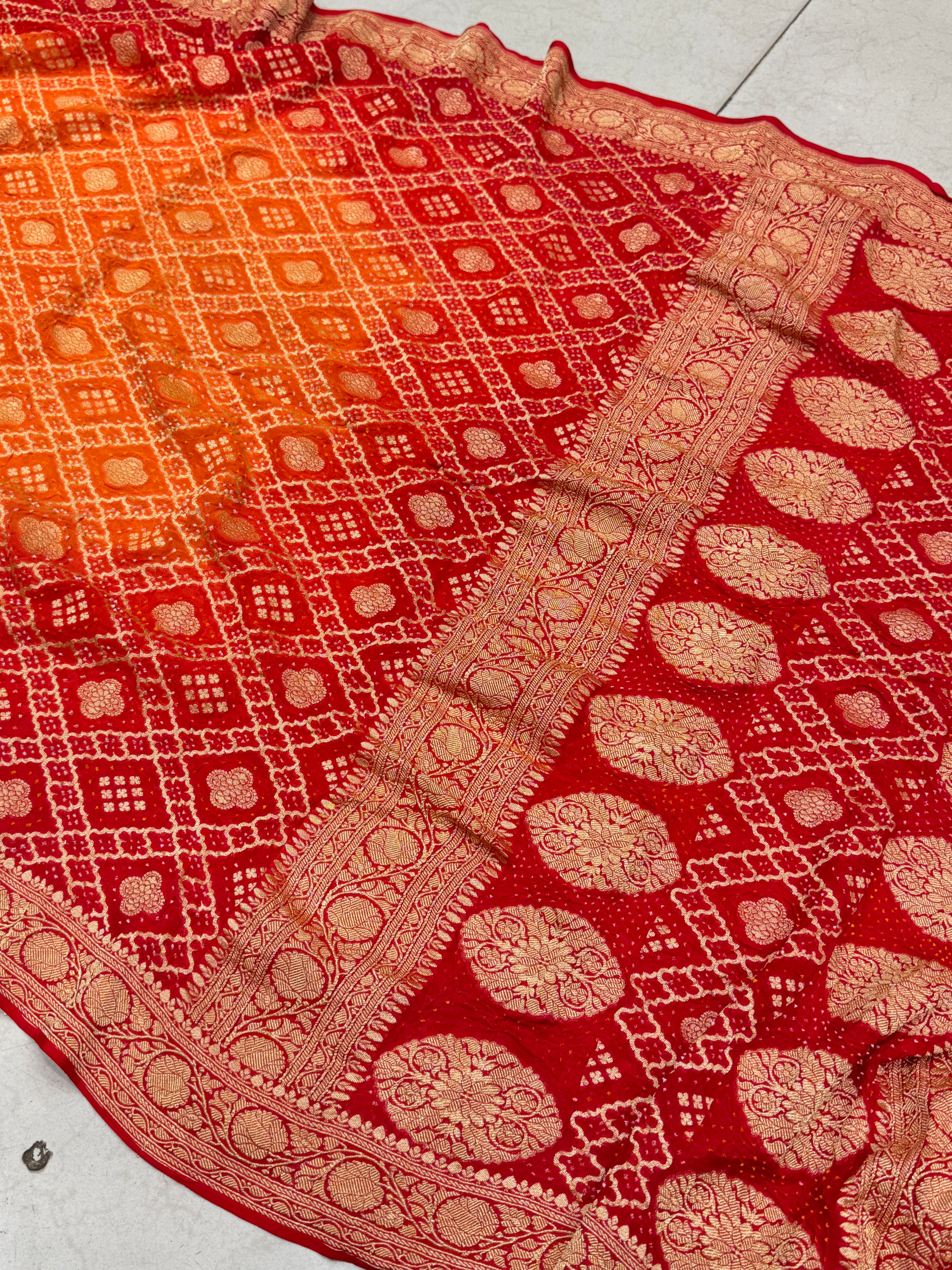 Orange Red Shaded Bandhej Bandhini Saree