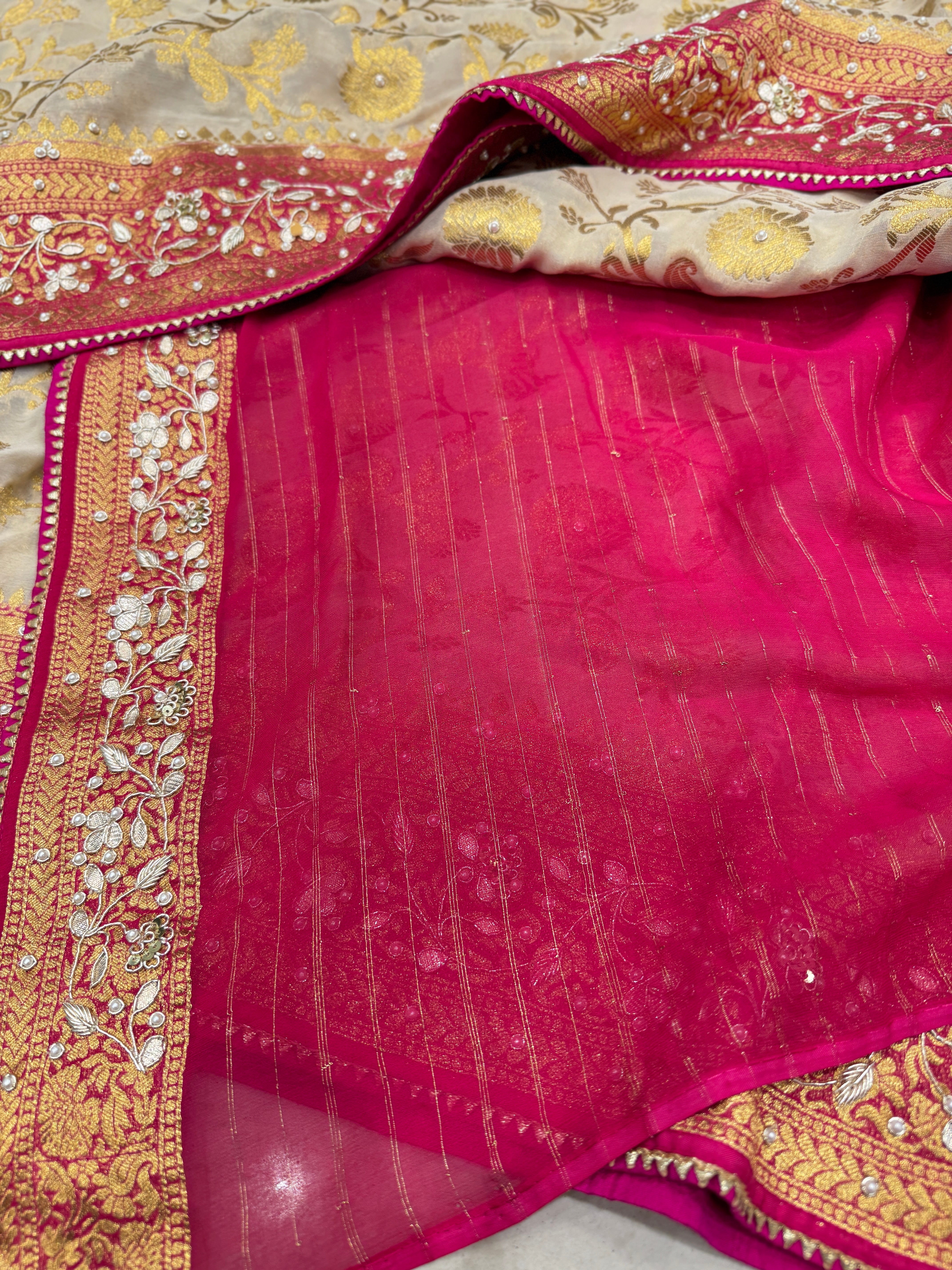 Beige Rani Banarasi Khaddi Georgette Baghban Jaal Zardosi Embroidery Saree