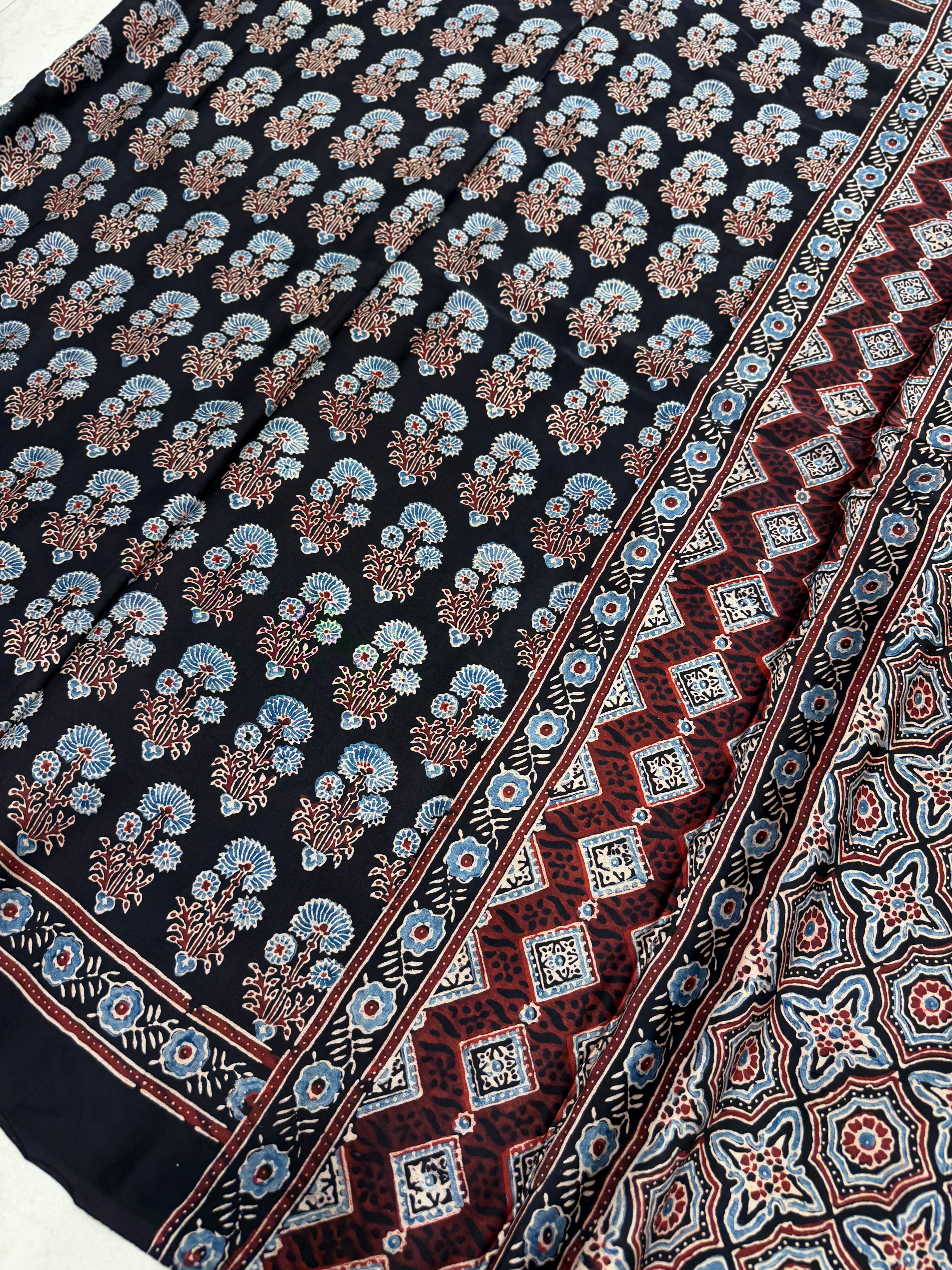 Black Floral Butta Ajrakh Hand Block Print Pure Gajji Silk Saree