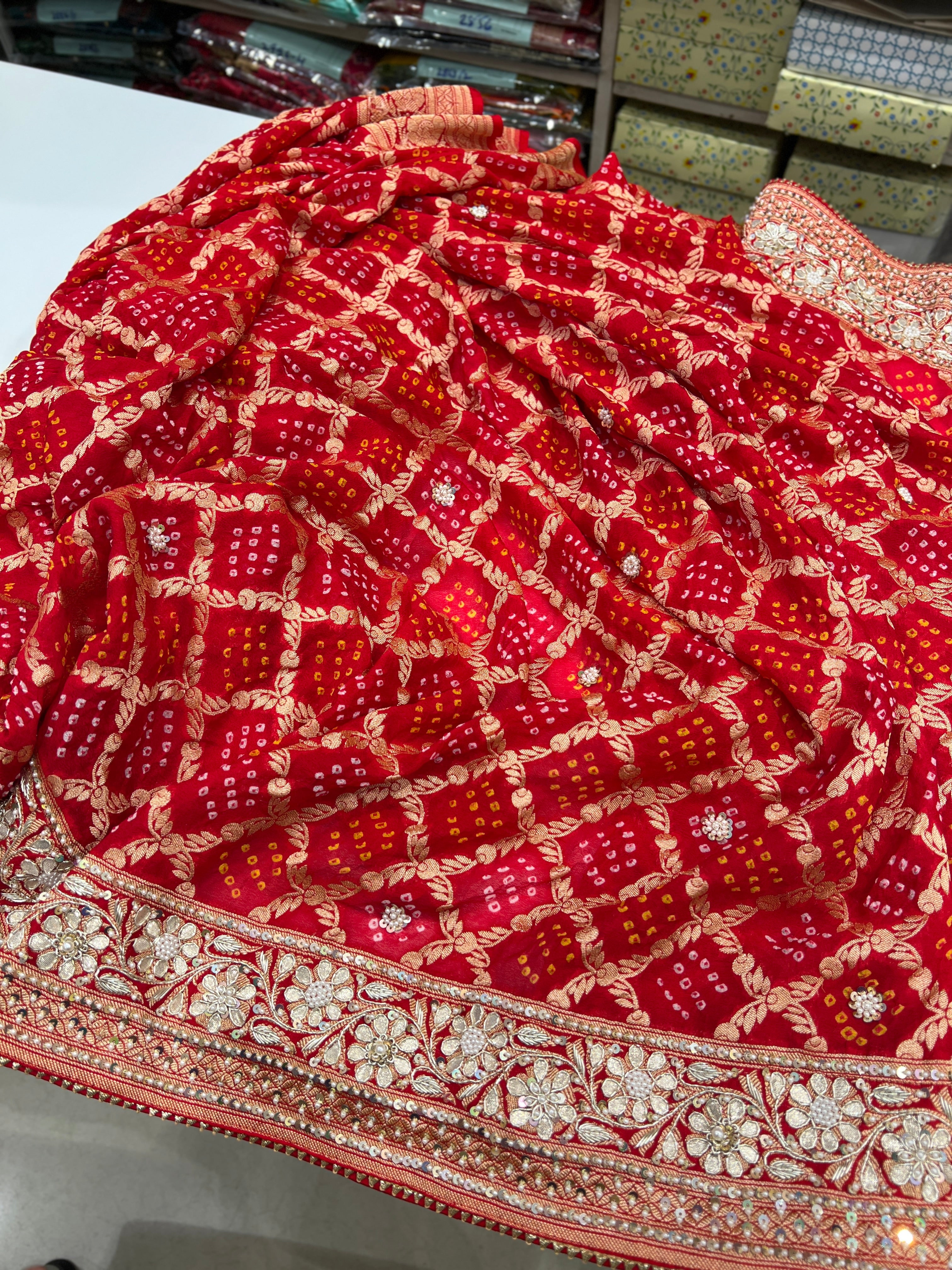 Red Criss Cross Bandhej Hand Embroidery Saree