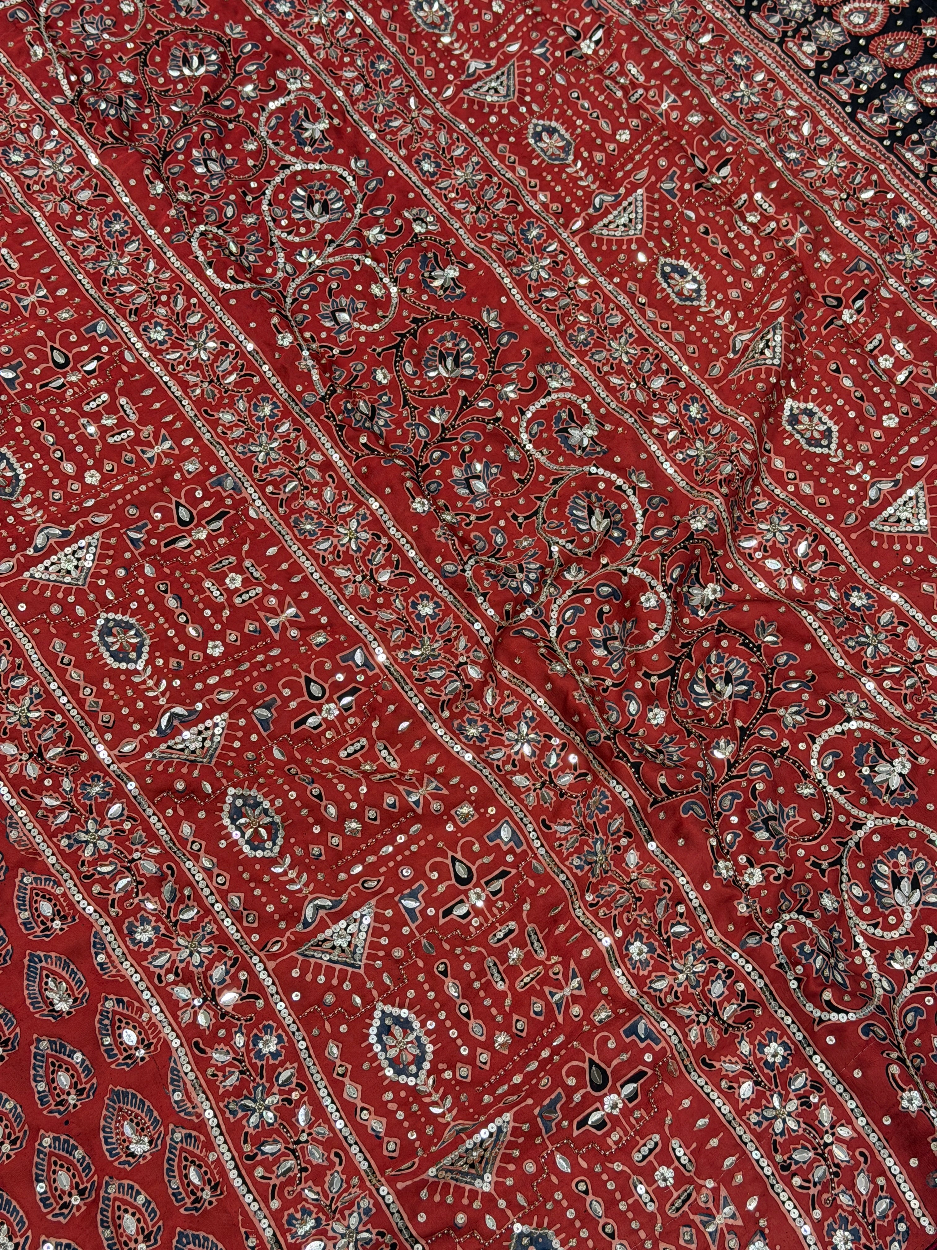 Red Butti Ajrakh Sequin Moti Hand Embroidery Saree