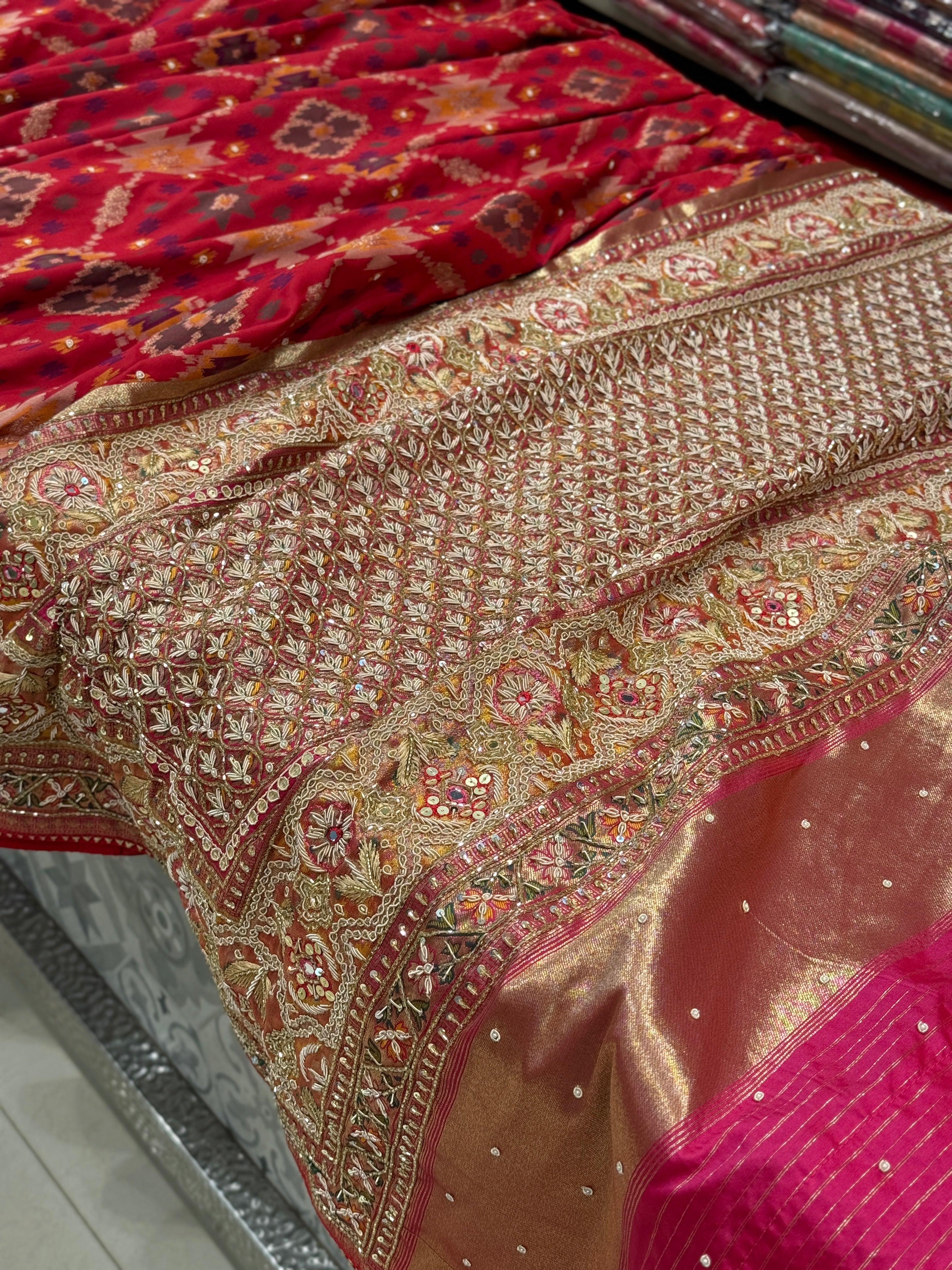 Red Patola Zardosi Embroidery Saree