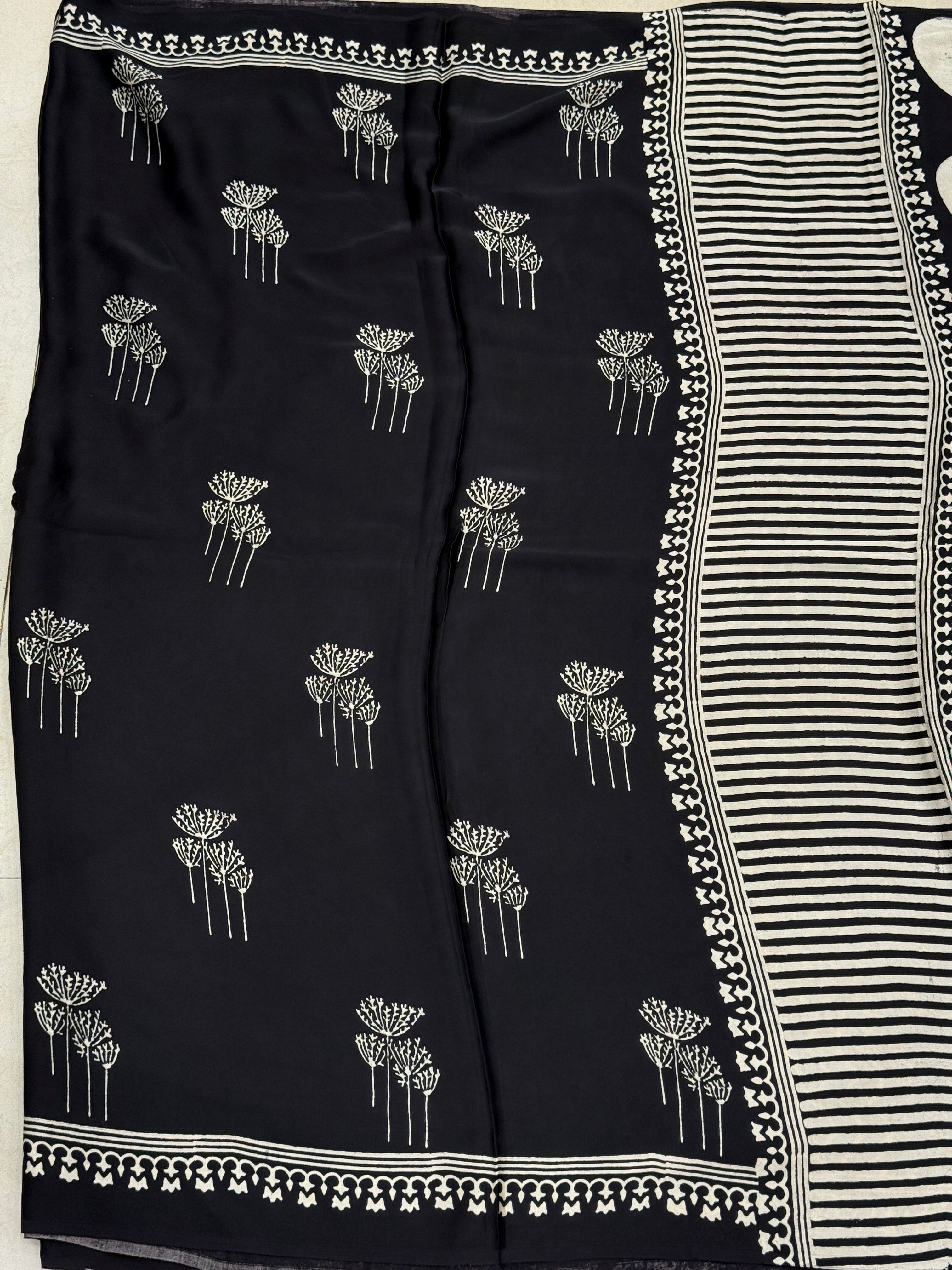 Black White Butti Gajji Silk Ajrakh Saree