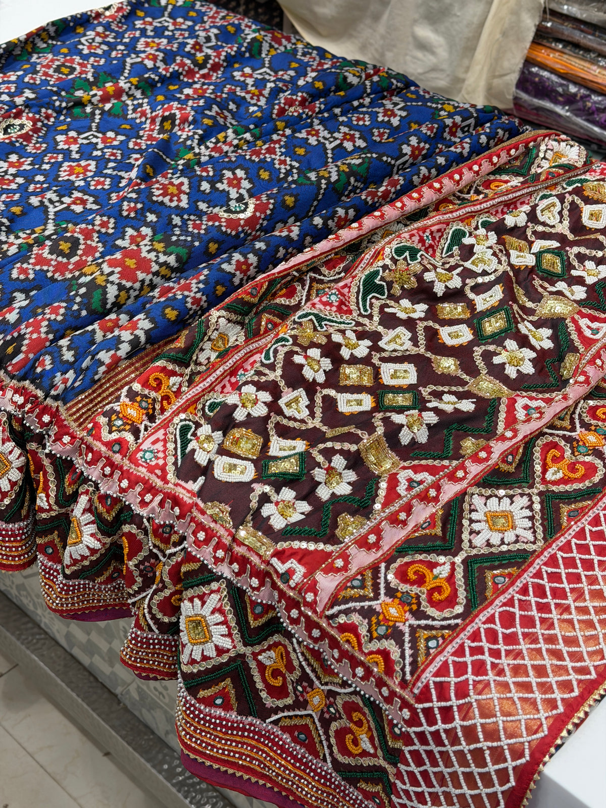 Blue Red Semi Silk Patola Kidiya Moti Hand Embroidery Saree