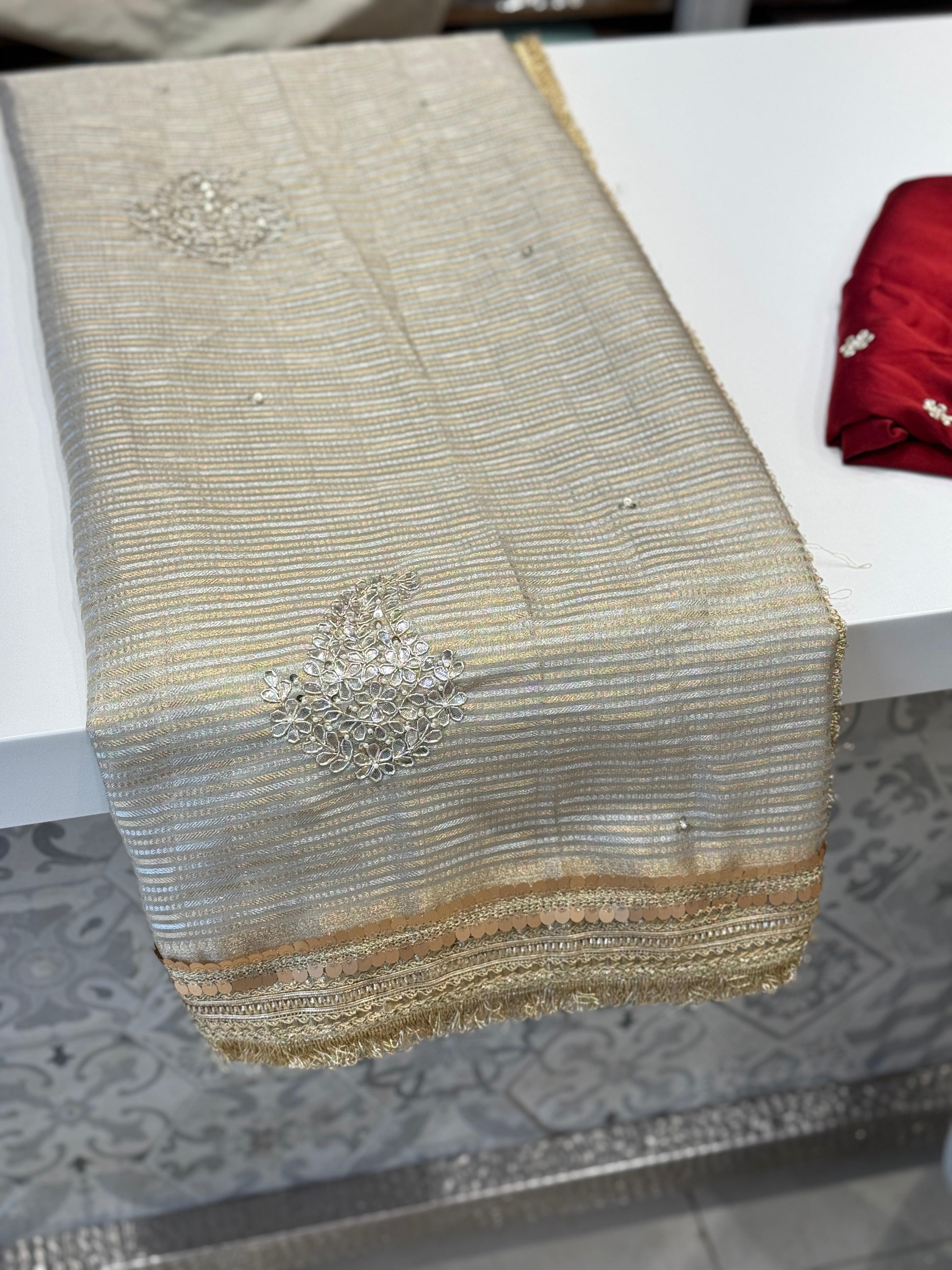 Tissue Maharani Style Gota Zardosi Hand Embroidery Butta Saree