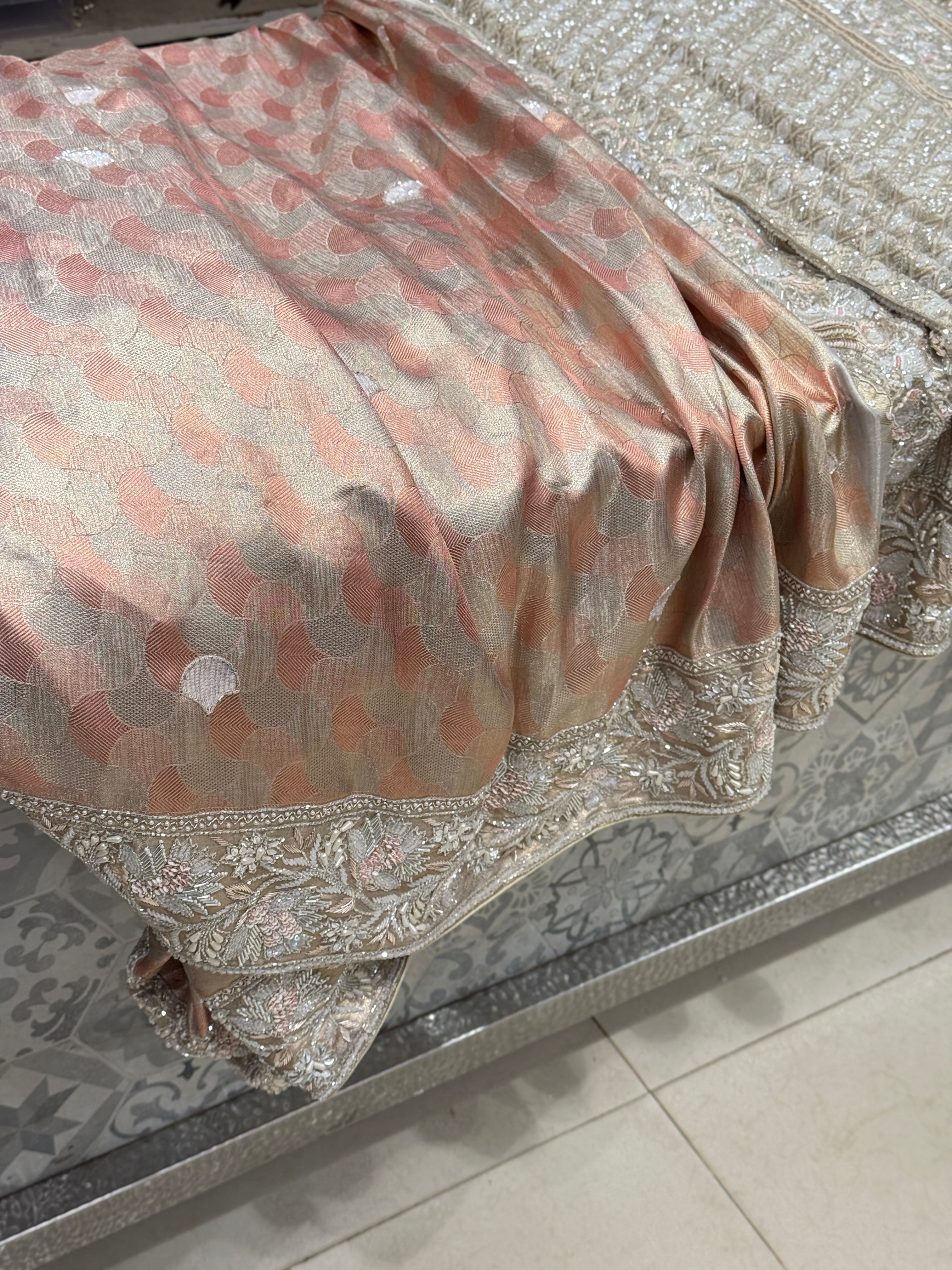 Peach Silver Contemporary Kanjivaram Hand Embroidery Zardosi Saree