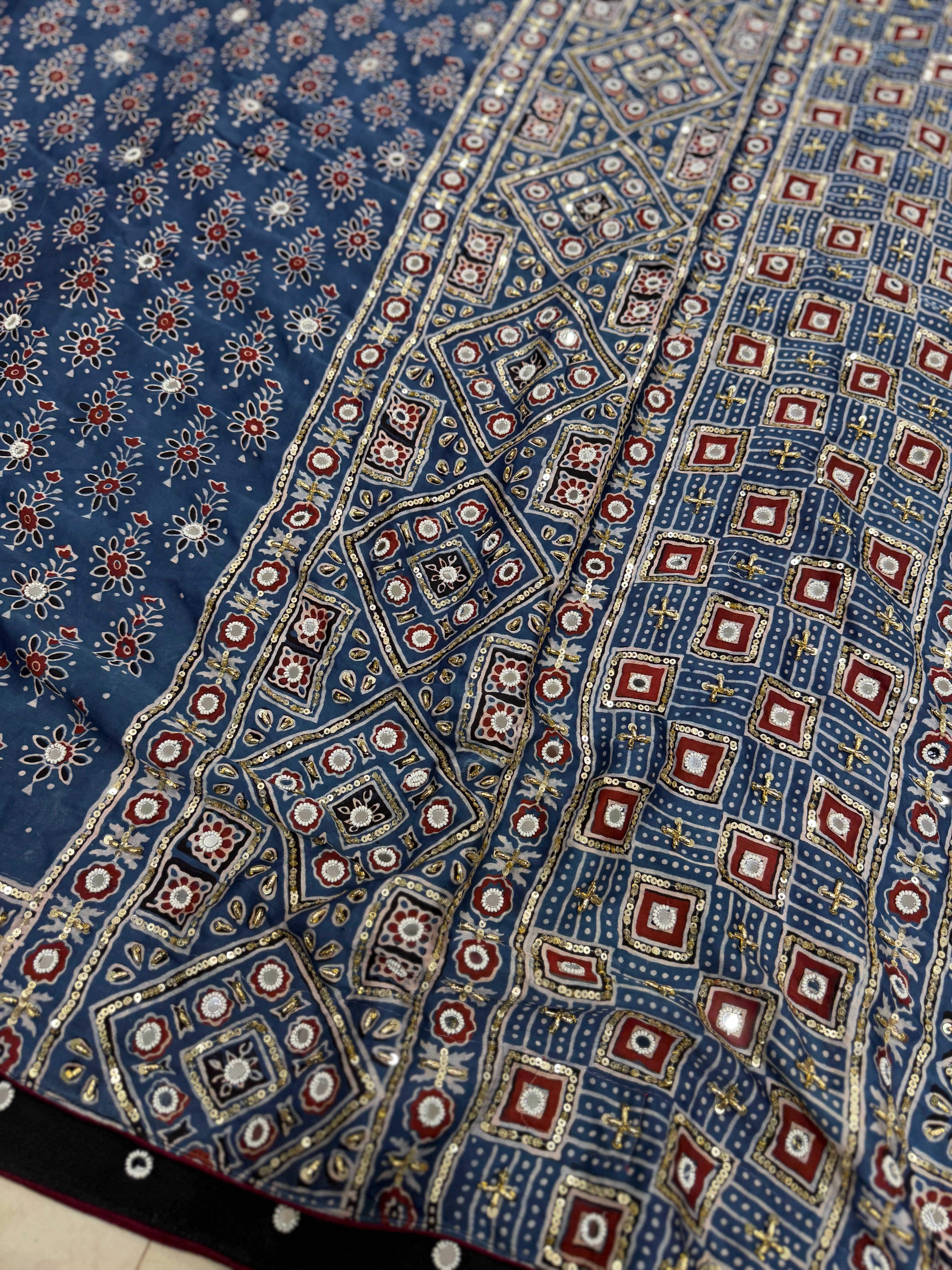 Blue Buttis Ajrakh Real Mirror Moti Sequin Hand Embroidery Saree