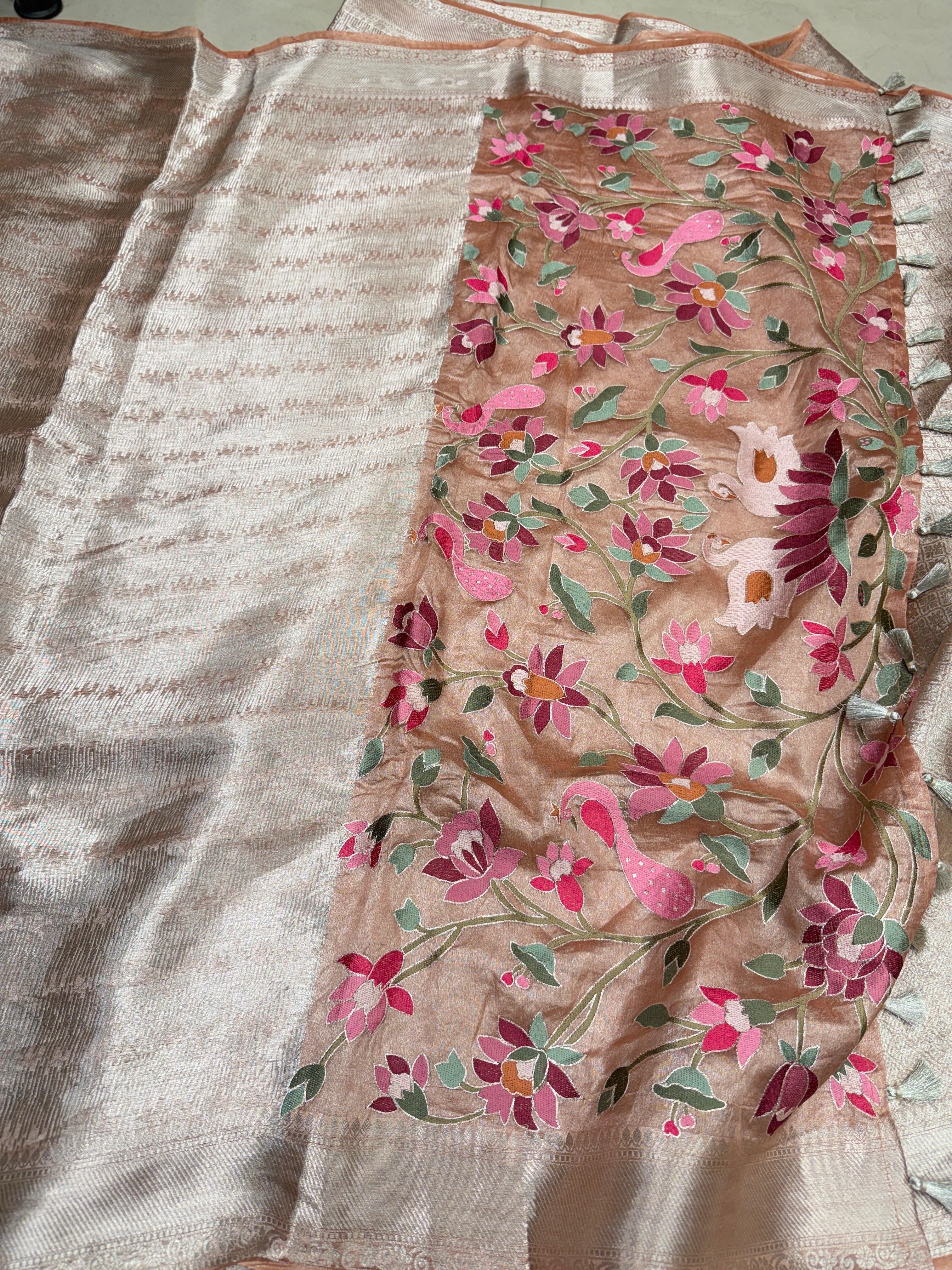 Peach Silver Handloom Tissue Swans Contemporary Resham Embroidery Saree