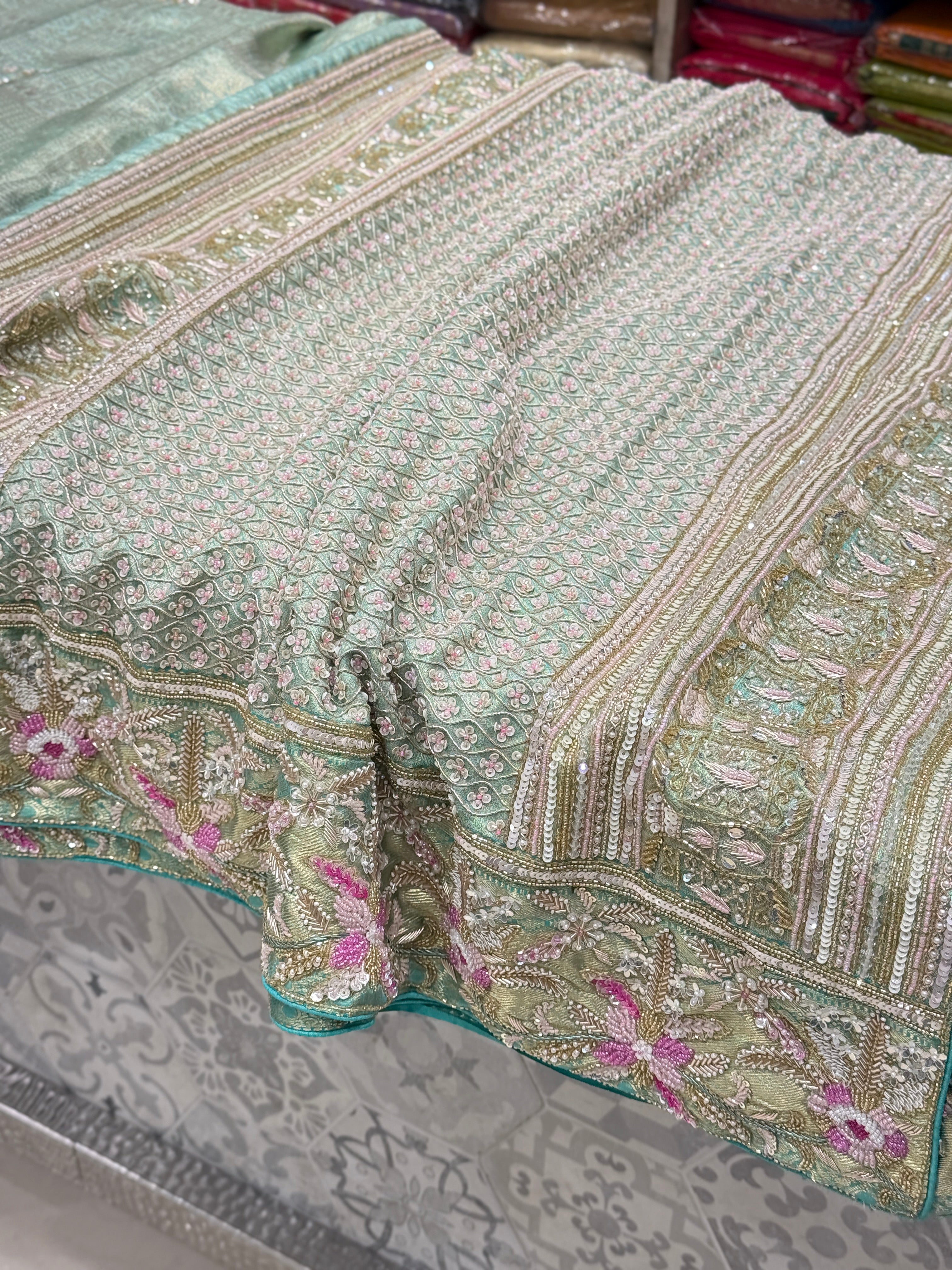 Green Tissue Kanjivaram with Moti Zardosi Hand Embroidery Saree