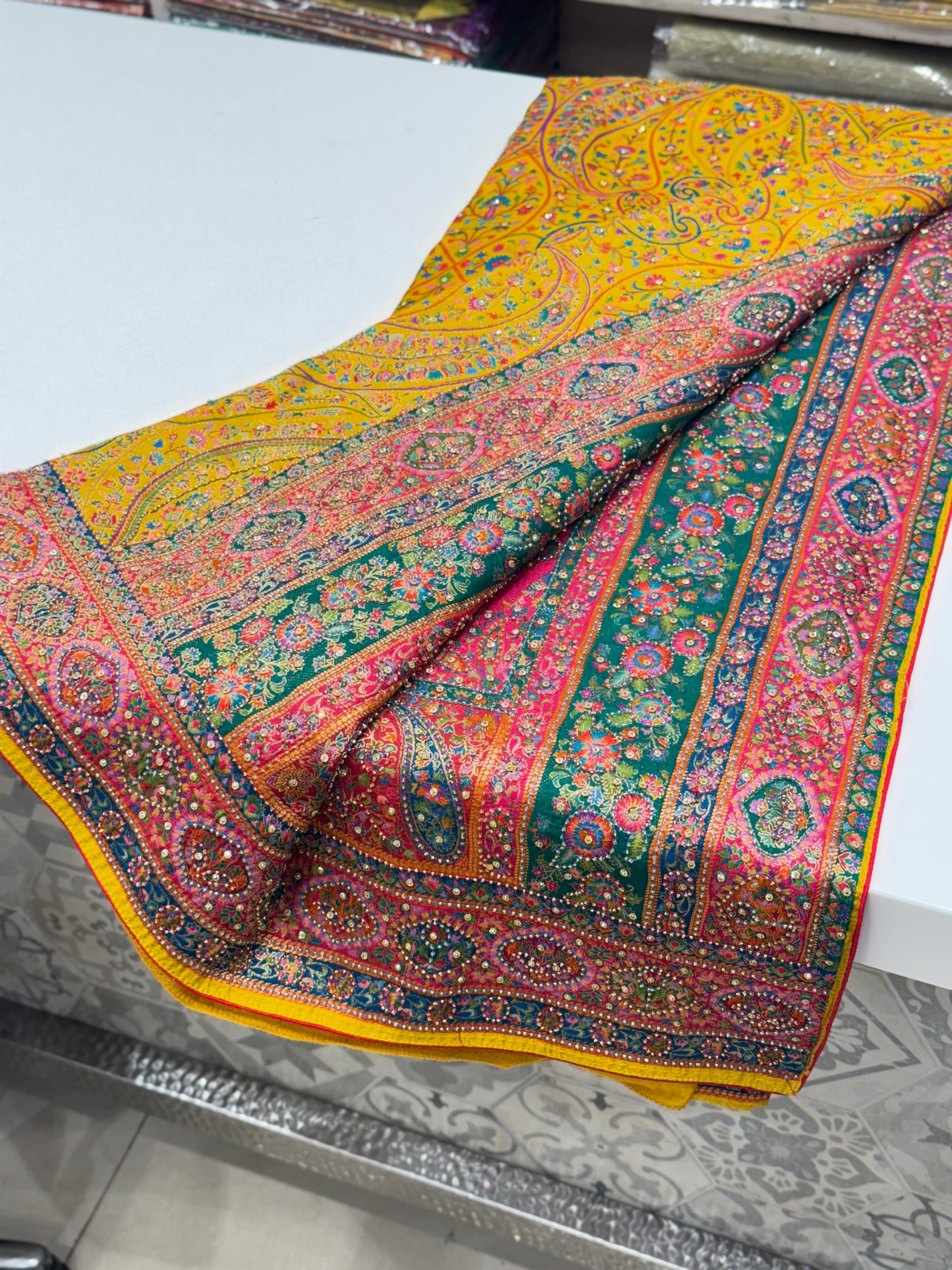 Yellow Banarasi Munga Pashmina Style Hand Embroidery Saree