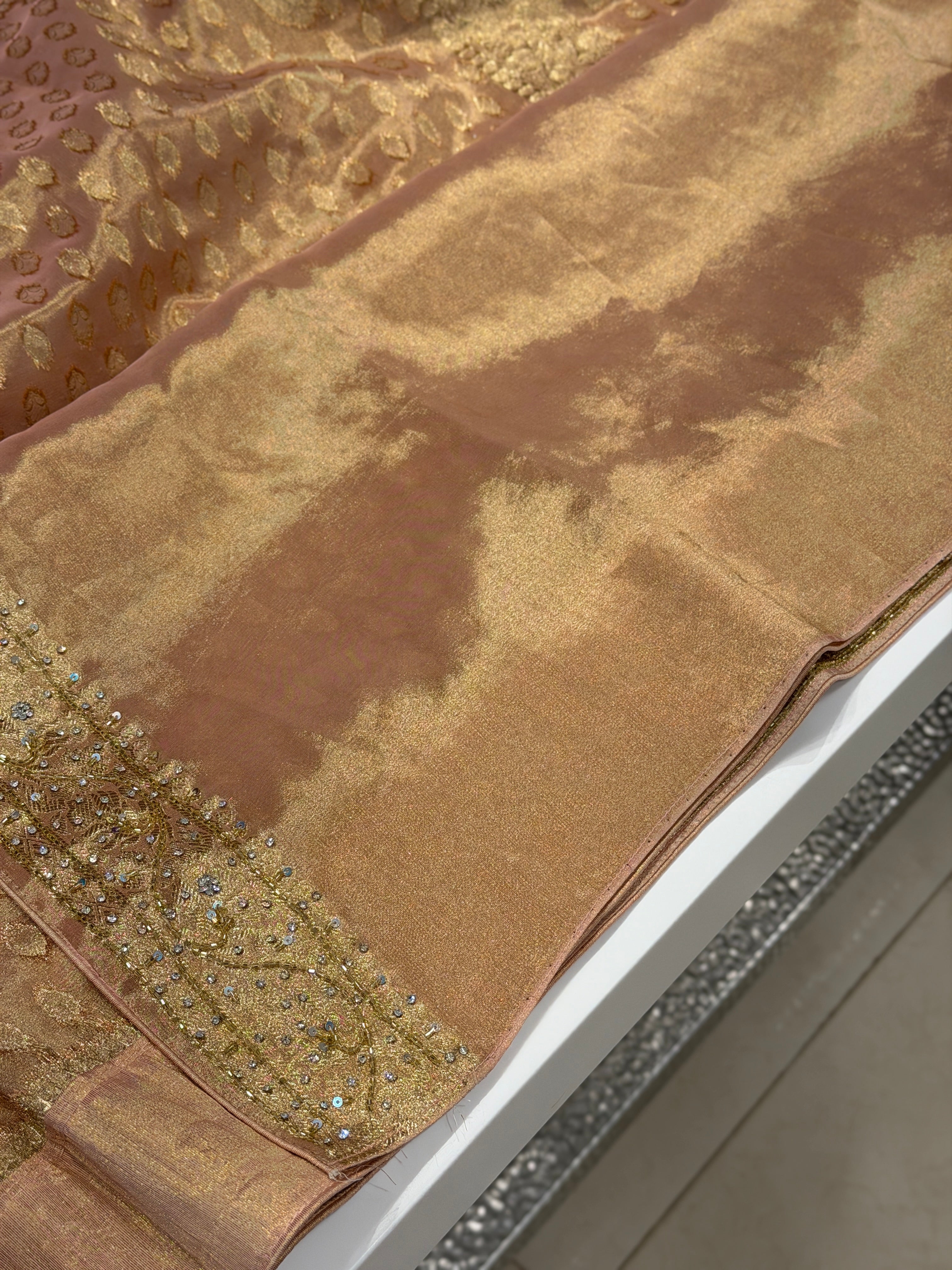 Pink Tissue Buttis Stones Hand Embroidery Saree