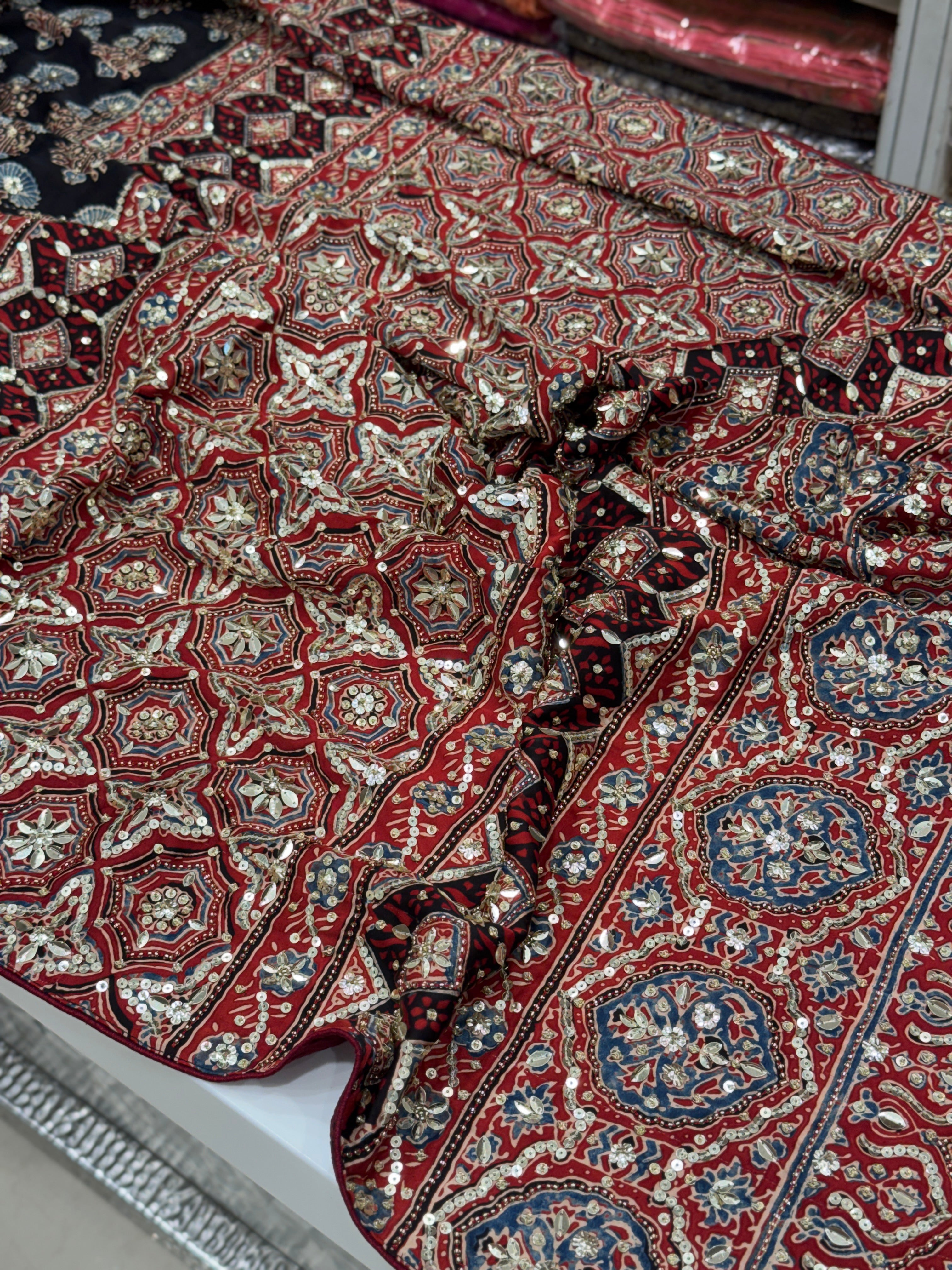 Black Red Ajrakh Buttas Sequins Hand Embroidery Saree