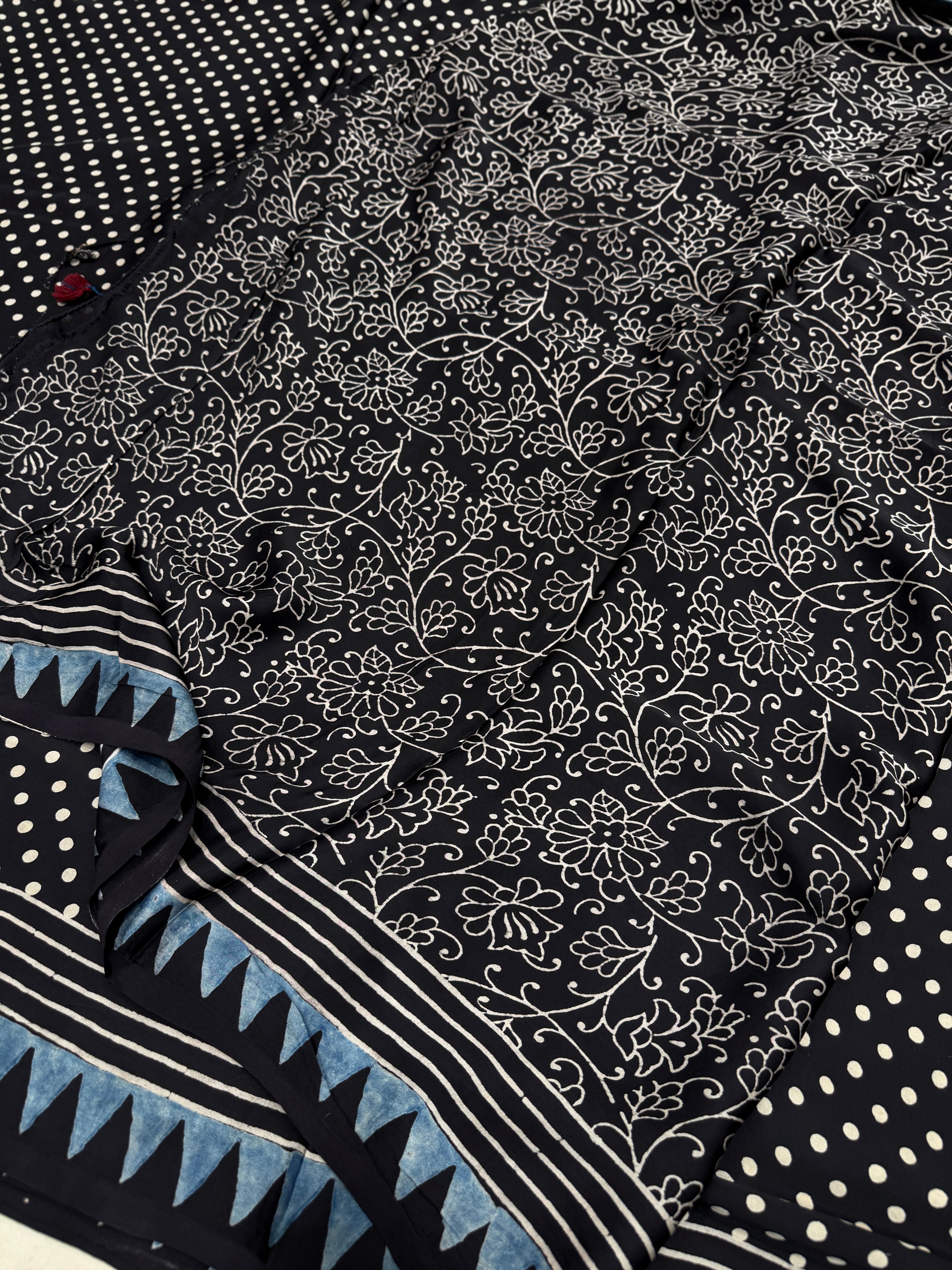 Black Polka Dots Ajrakh Hand Block Print Pure Gajji Silk Saree
