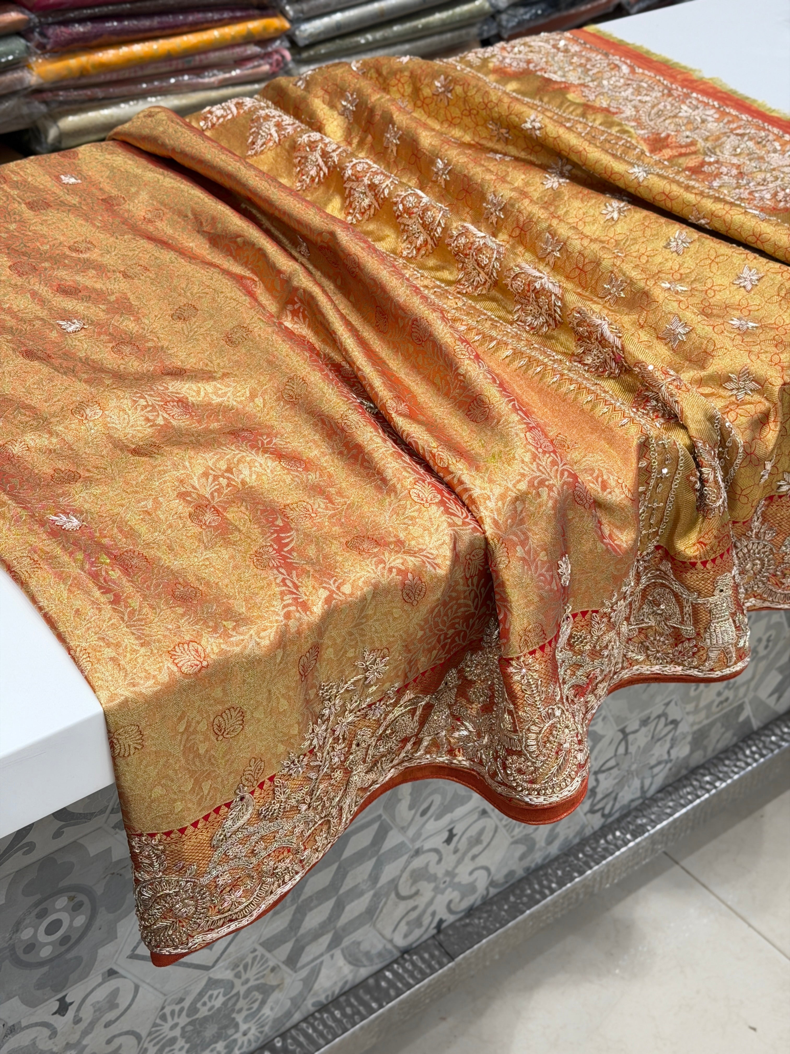 Red Tissue Kanjivaram Zardosi Doli Hand Embroidery Saree