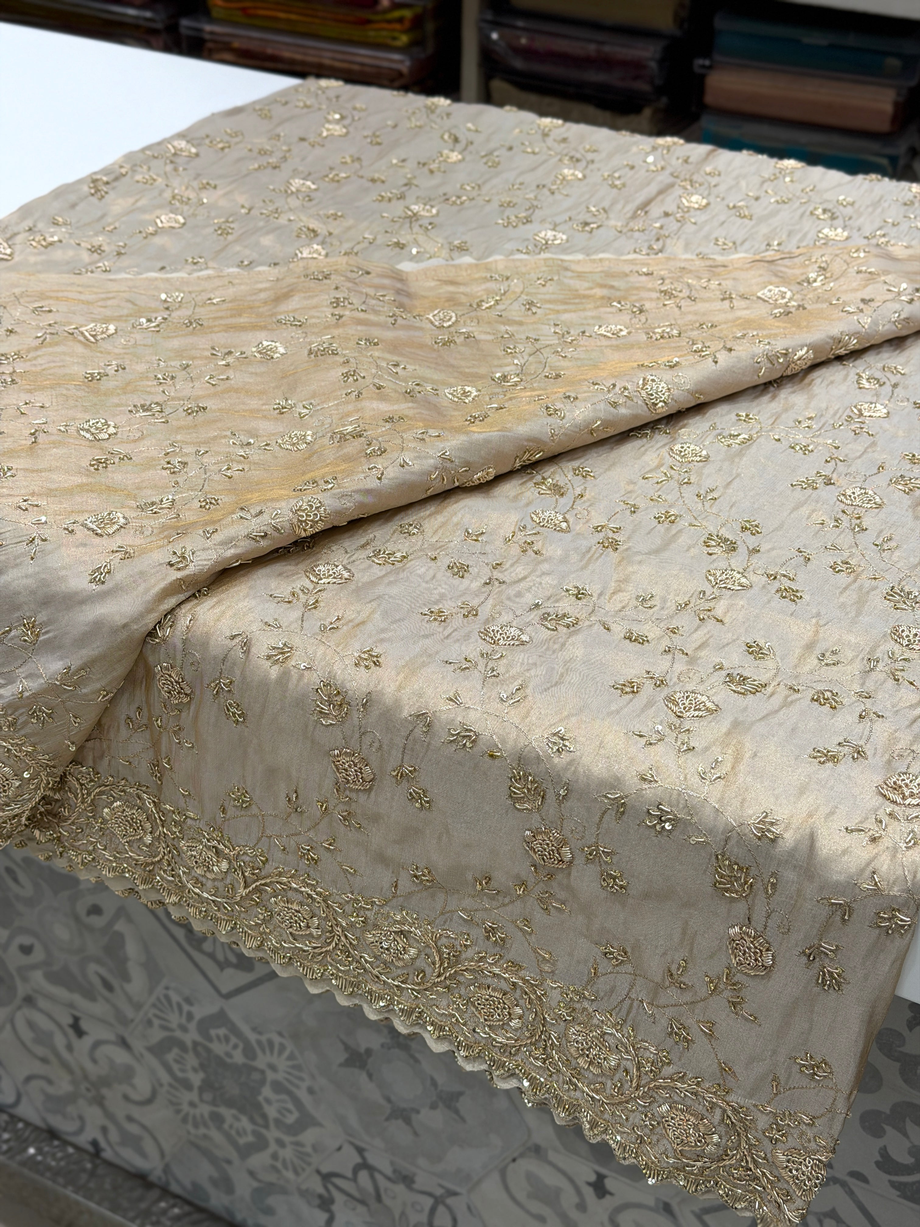 Ivory Tissue Zardosi Floral Jaal Hand Embroidery Saree