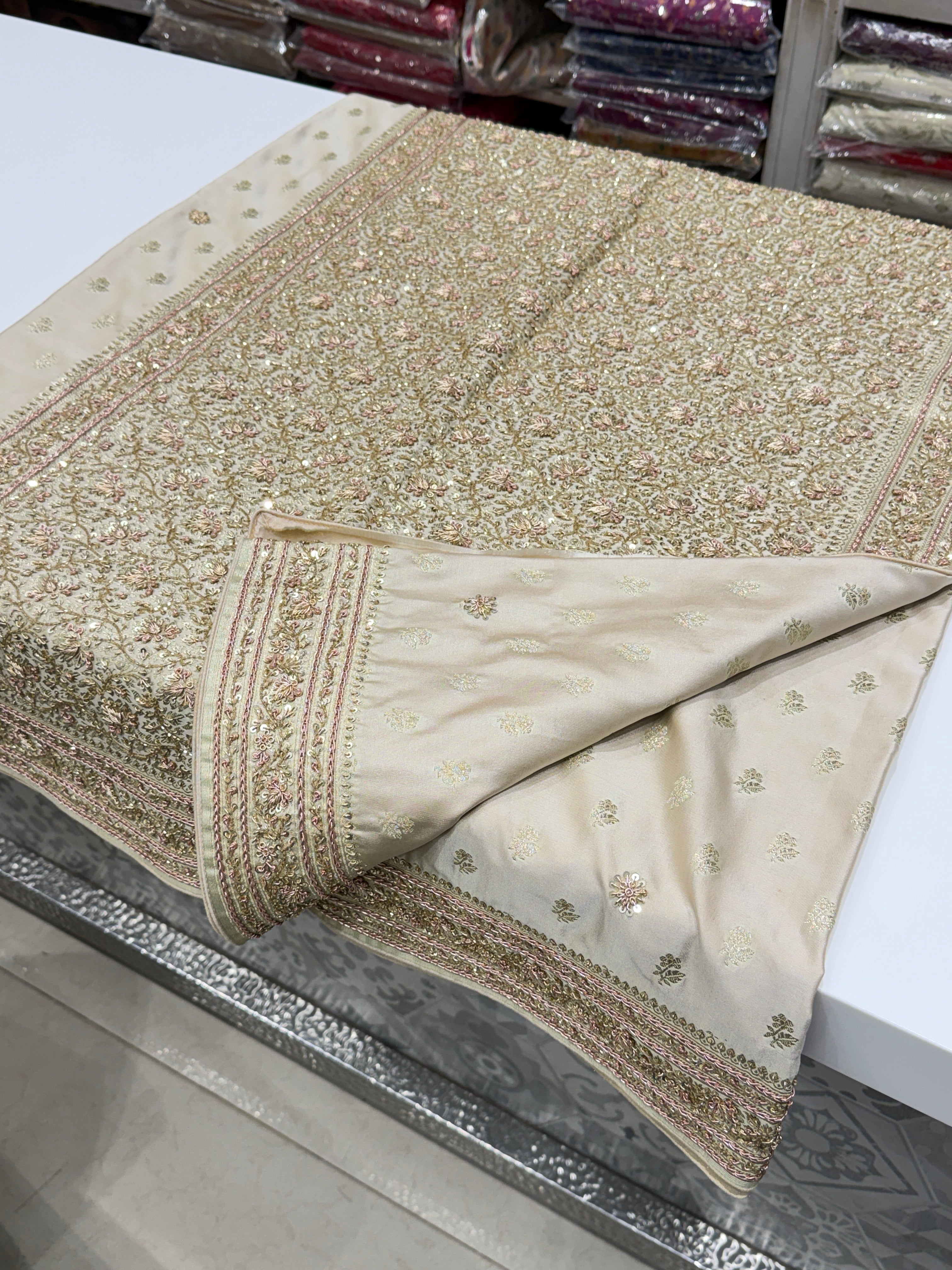 Beige Banarasi Buttis Zardosi Chain Hand Embroidery Saree