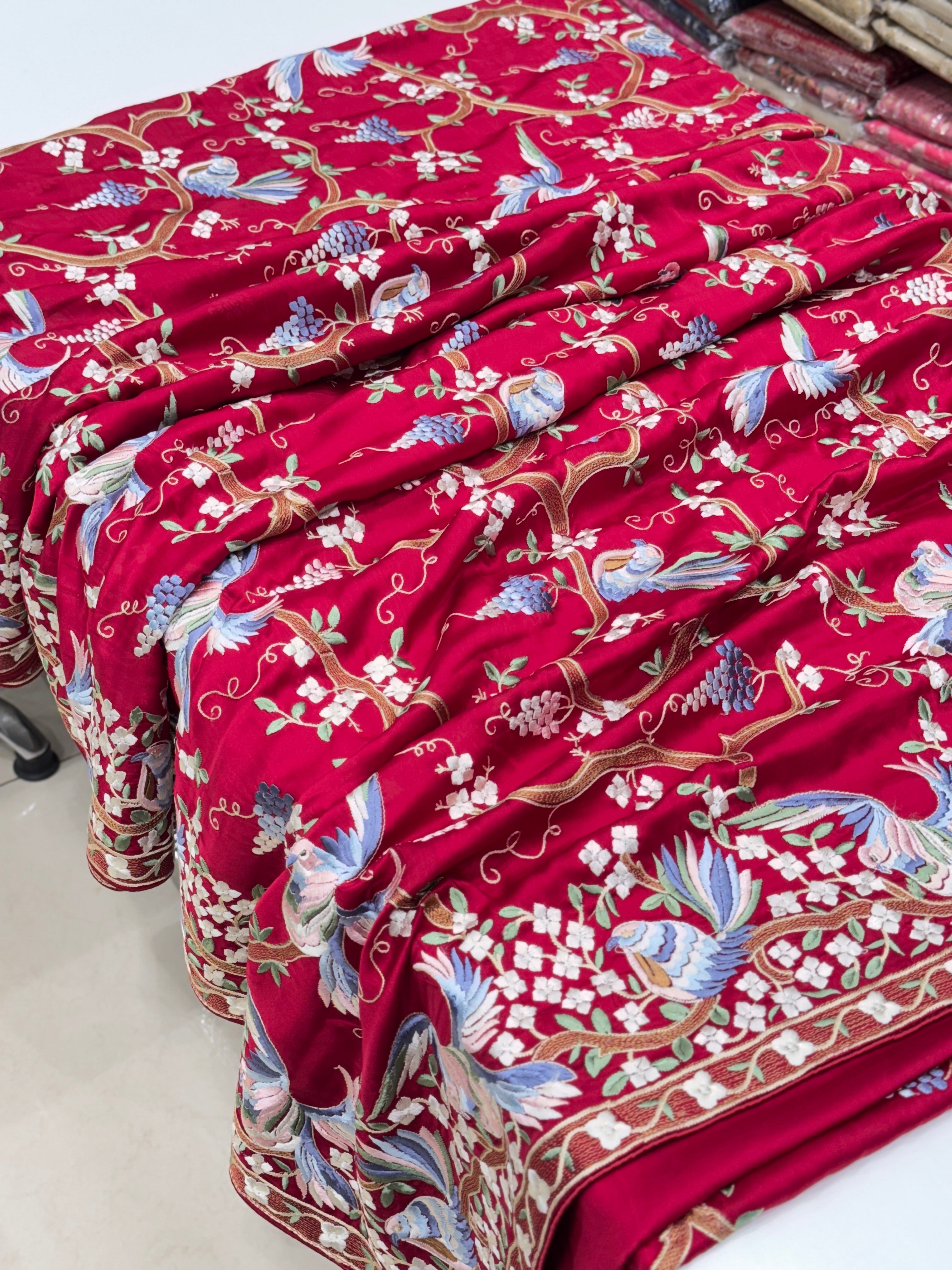 Red Crepe Parsi Gara Saree Jaal Chakla Chakli Design