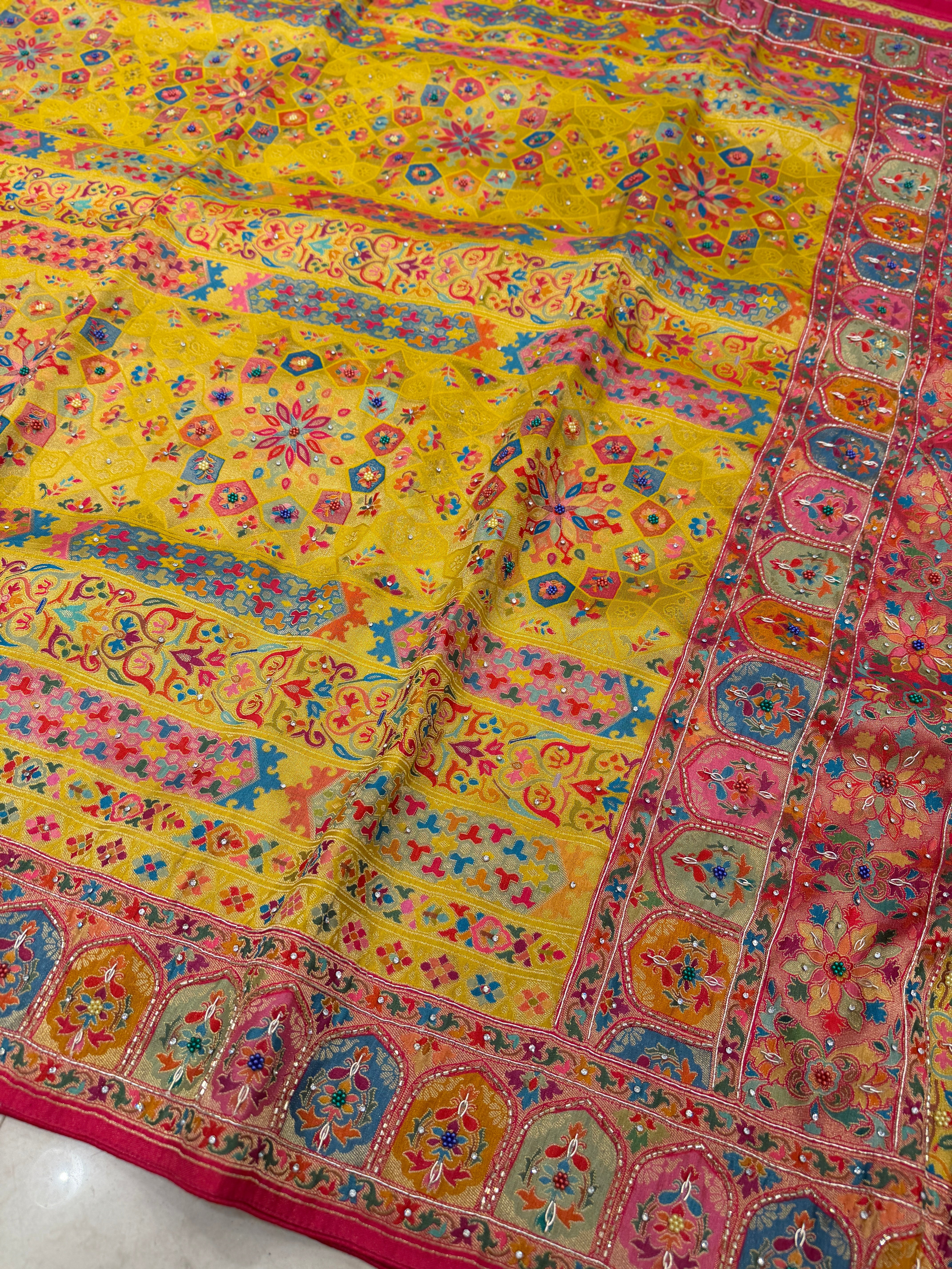 Yellow Banarasi Munga Pashmina Style Hand Embroidery Saree