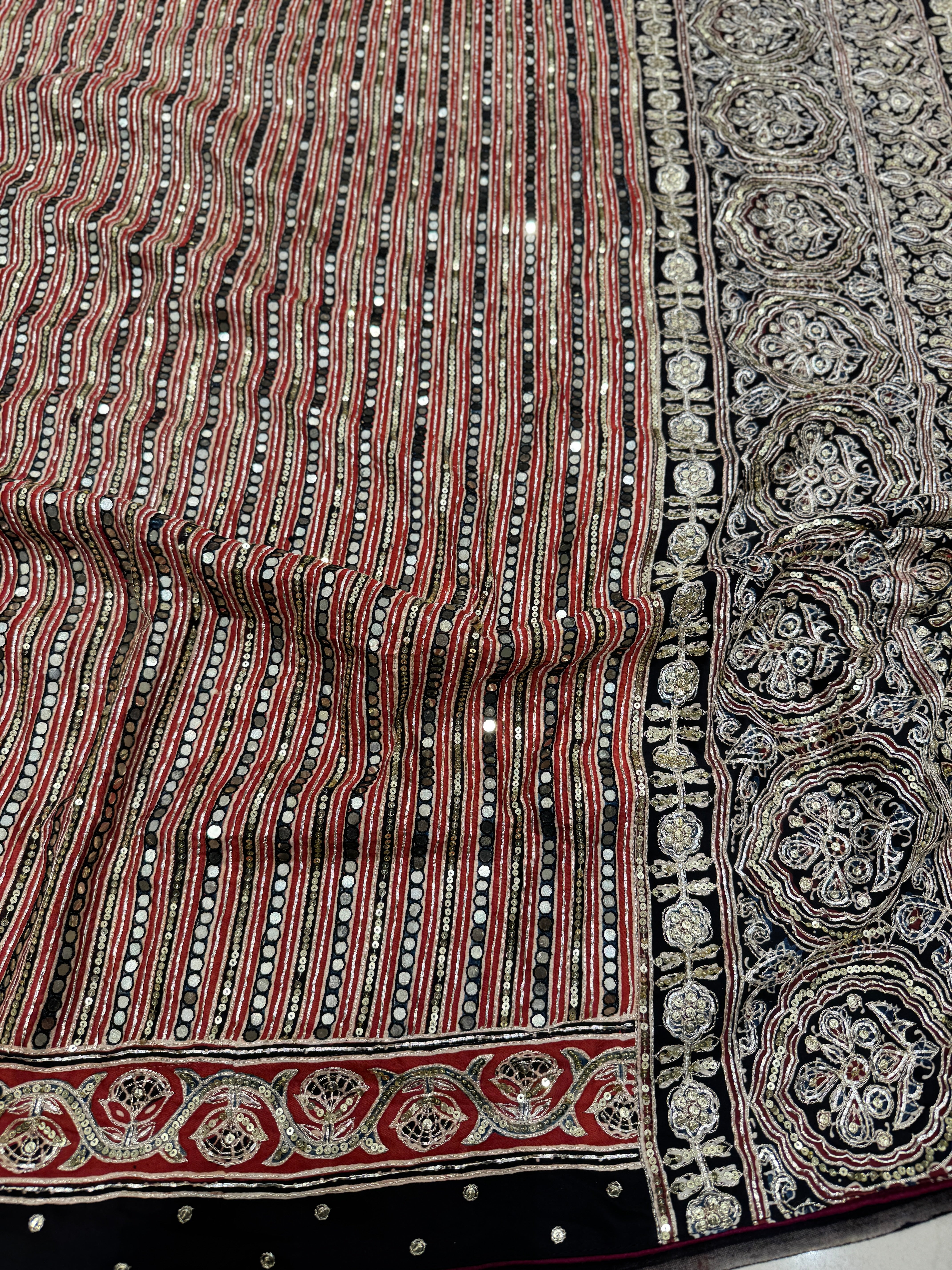 Red Contemporary Mirror Ajrakh Hand Embroidery Saree