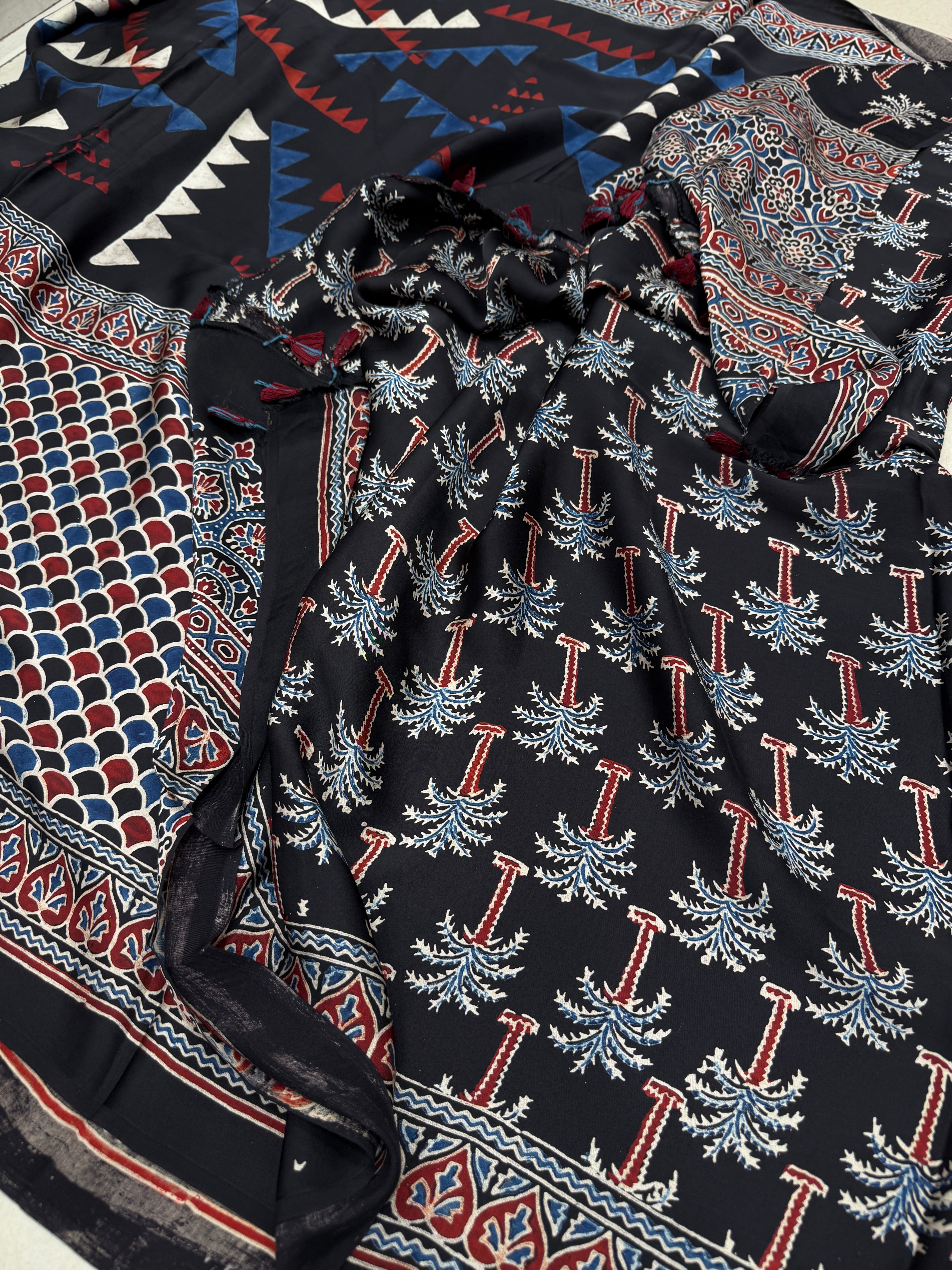 Black Contemporary Ajrakh Block Print Hand Pure Gajji Silk Saree