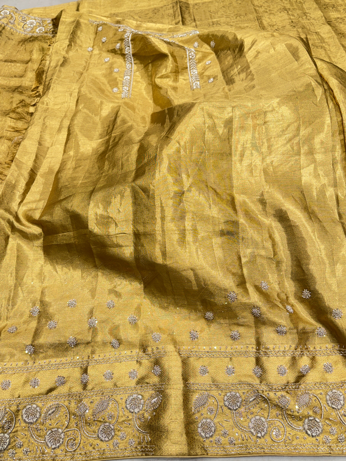Golden Floral Kanjivaram Zardosi Hand Embroidery Saree