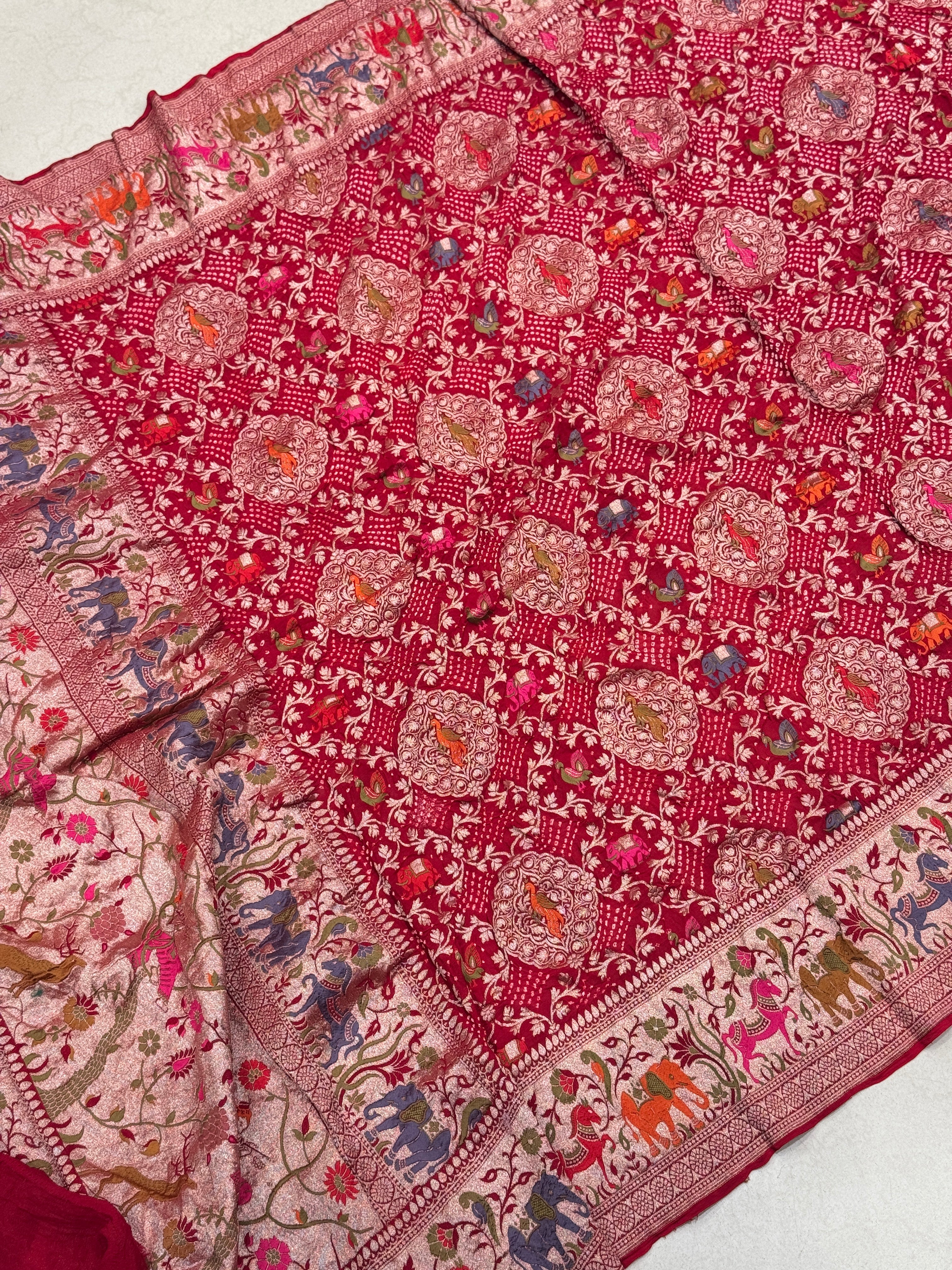 Red Shikargah Meenakari Rai Bandhej Georgette Dupatta