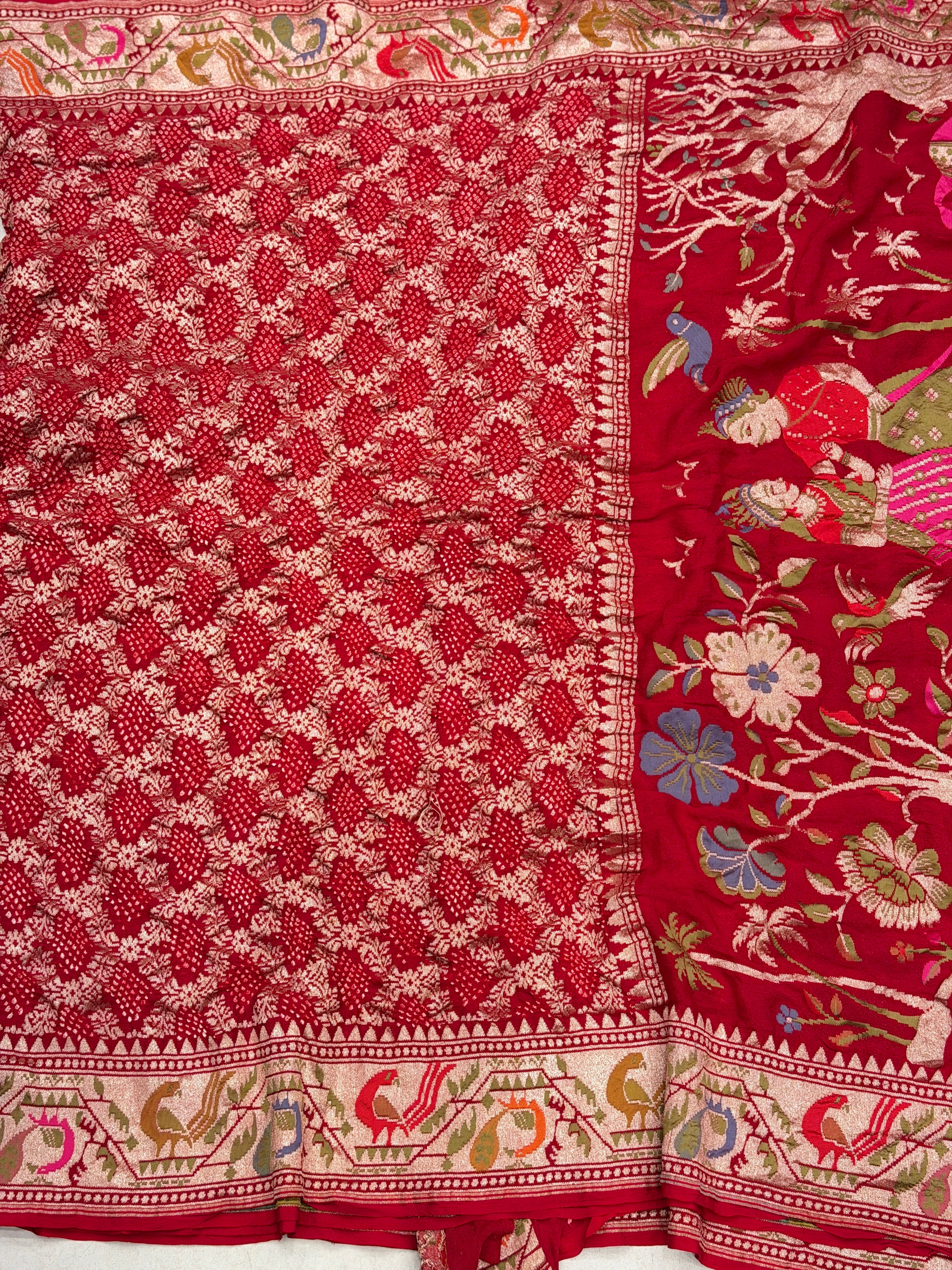 Red Meenakari Border Paithani Style Pure Handloom Bandhej Georgette Saree