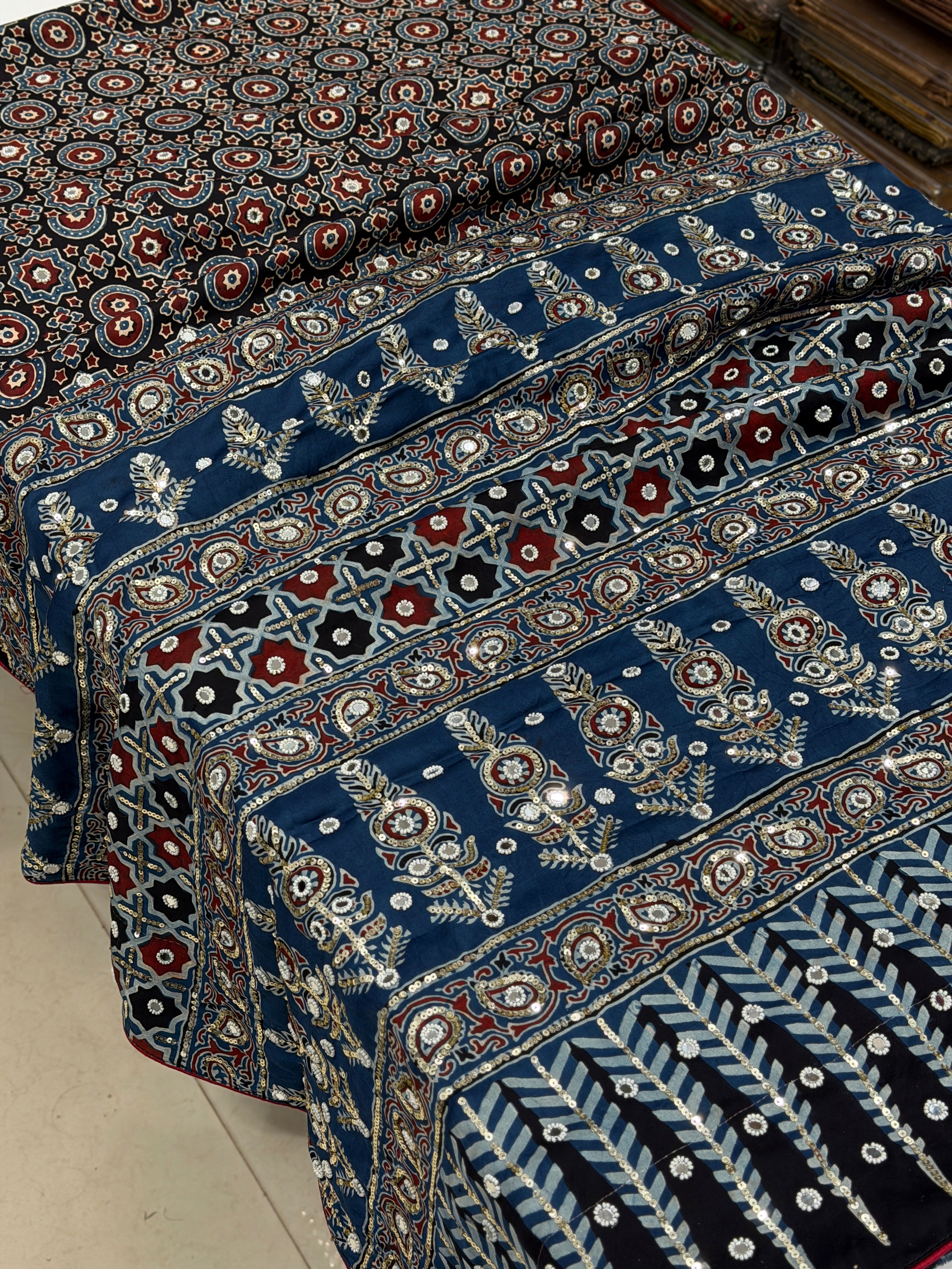 Blue Black Ajrakh Jaal Real Mirror Moti Sequin Hand Embroidery Saree