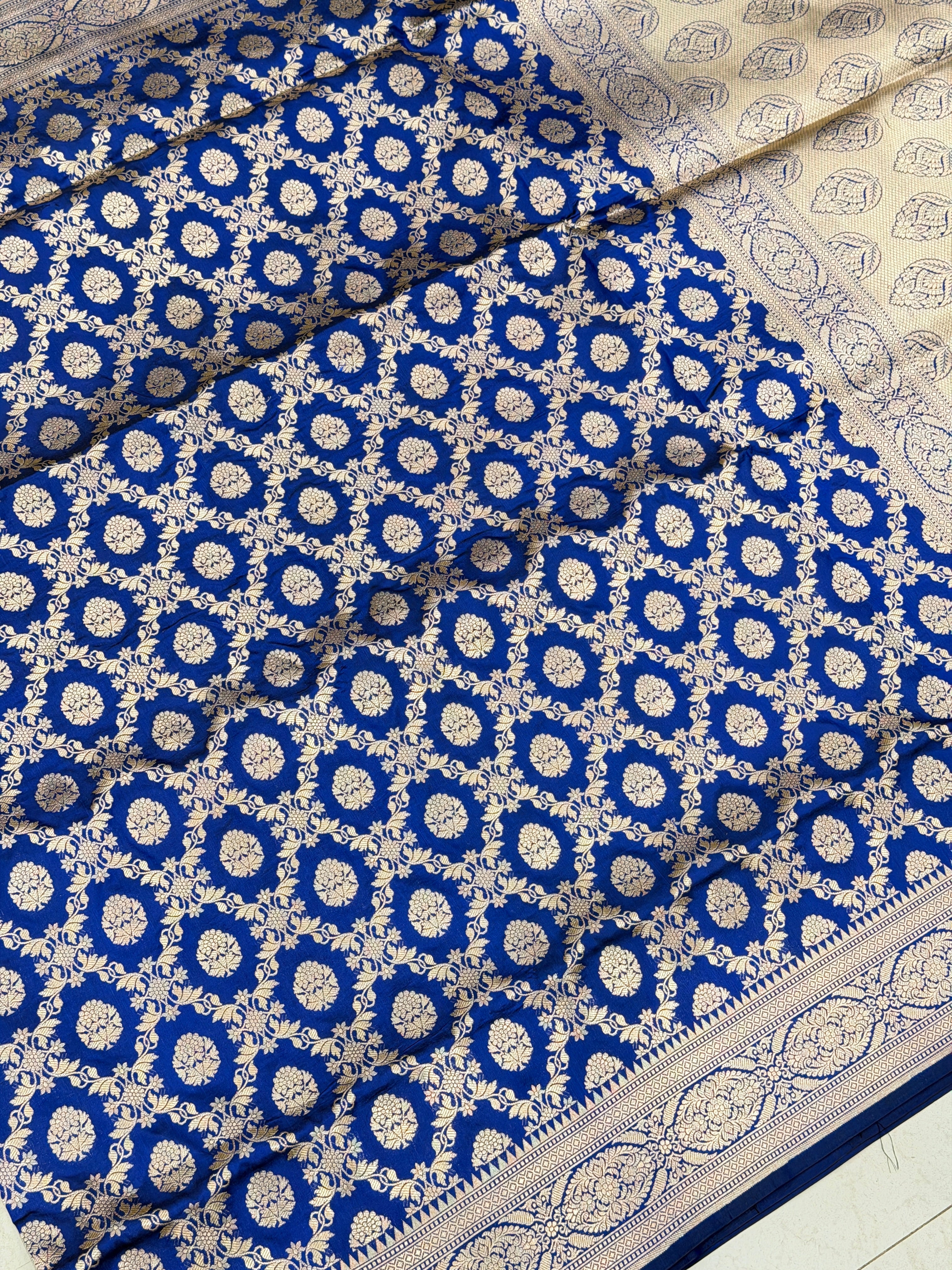 Blue Cross Jaal Handloom Banarasi Katan Silk Saree