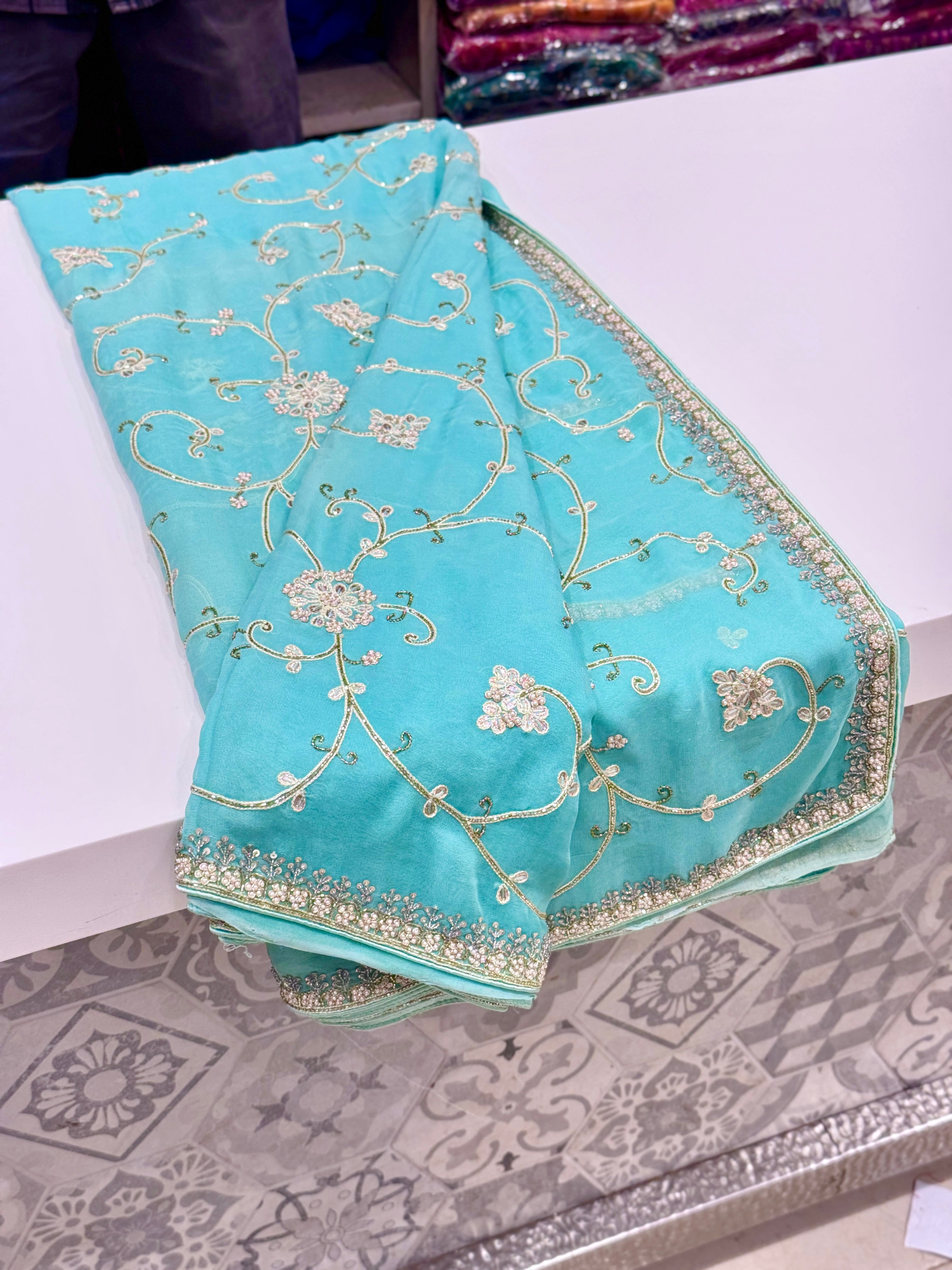 Sea Blue Georgette Gotapatti Jaal Saree