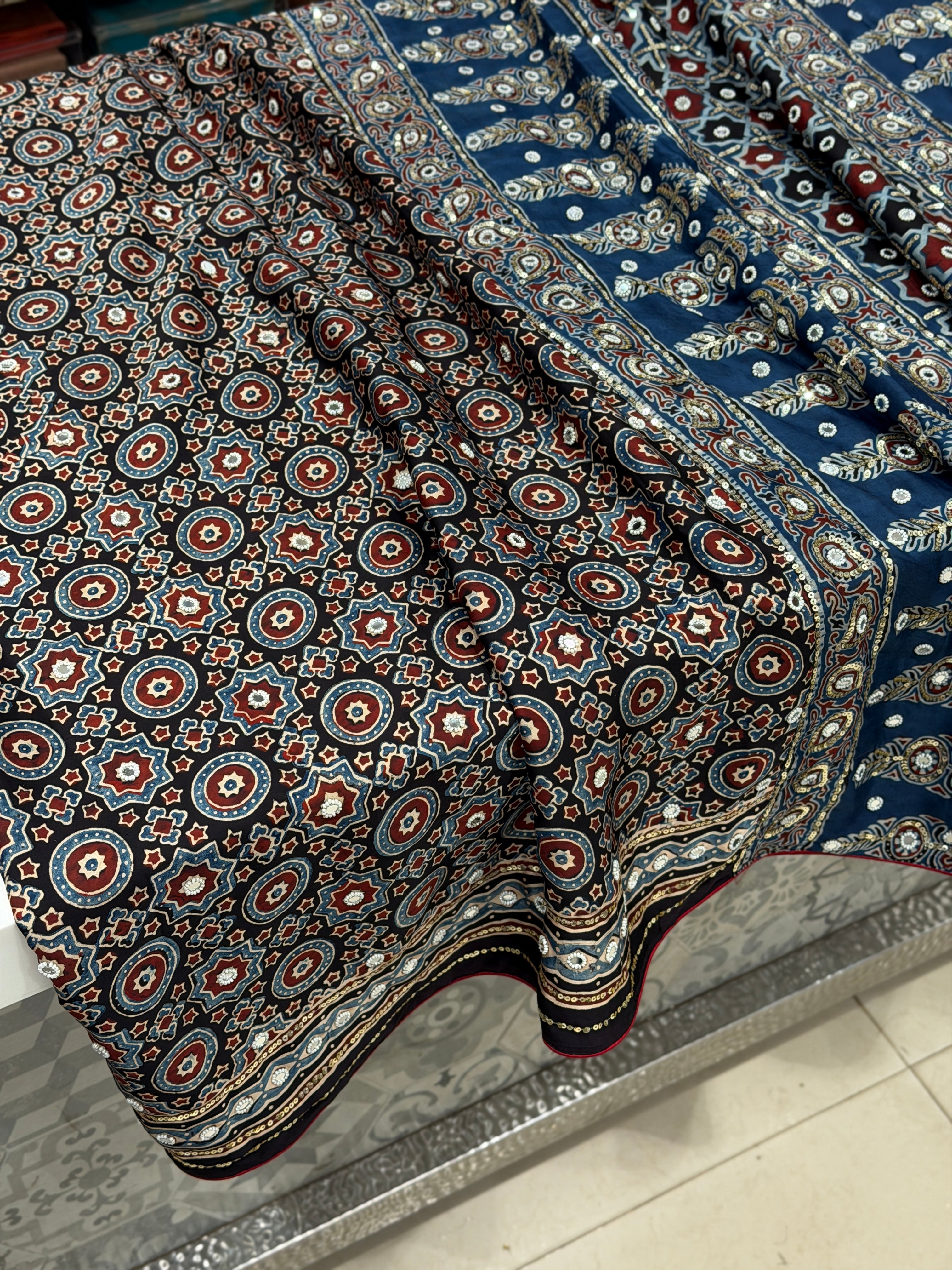 Blue Black Ajrakh Jaal Real Mirror Moti Sequin Hand Embroidery Saree
