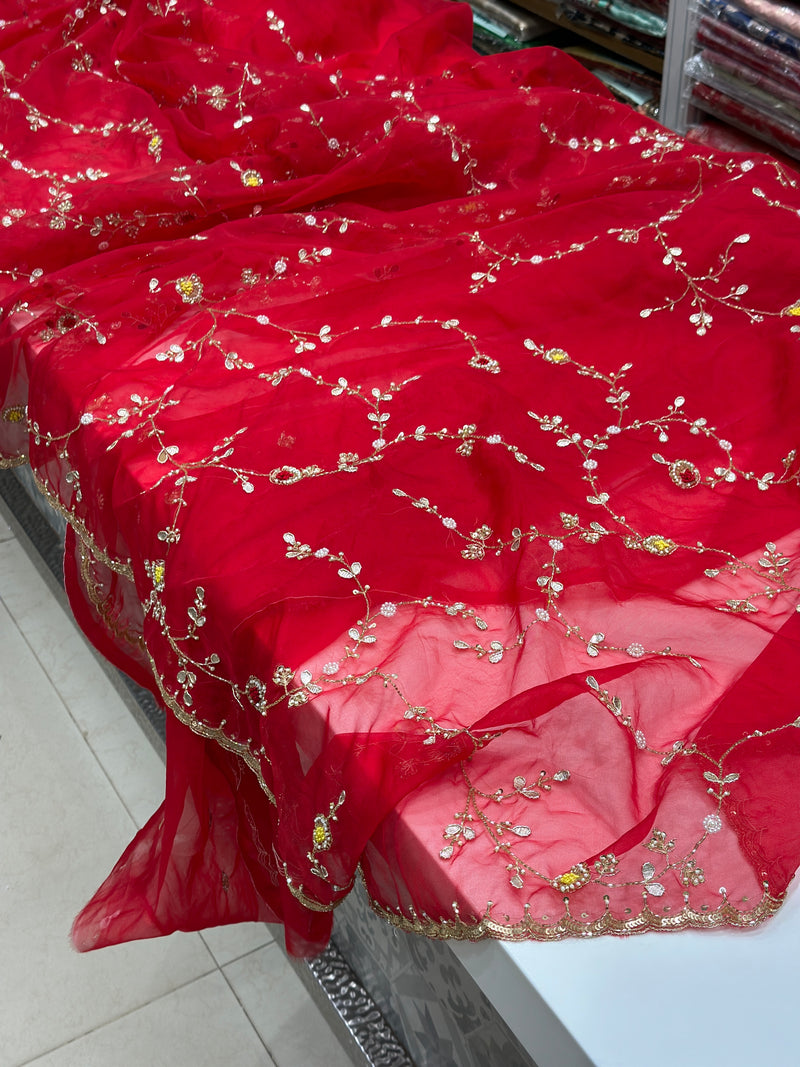 Red Organza Hand Embroidery Saree