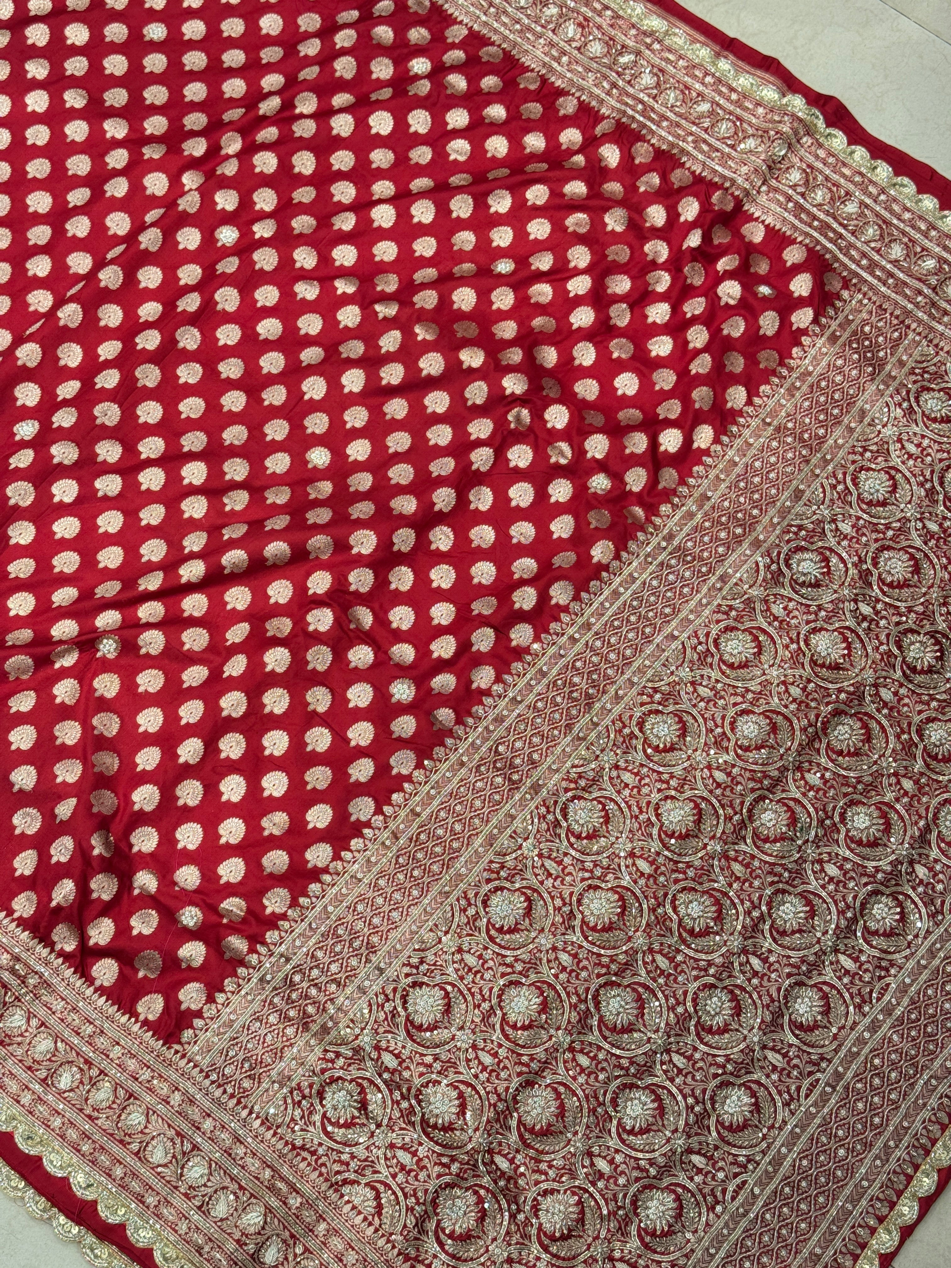 Red Buttis Handloom Banarasi Pure Katan Zardosi Embroidery Saree