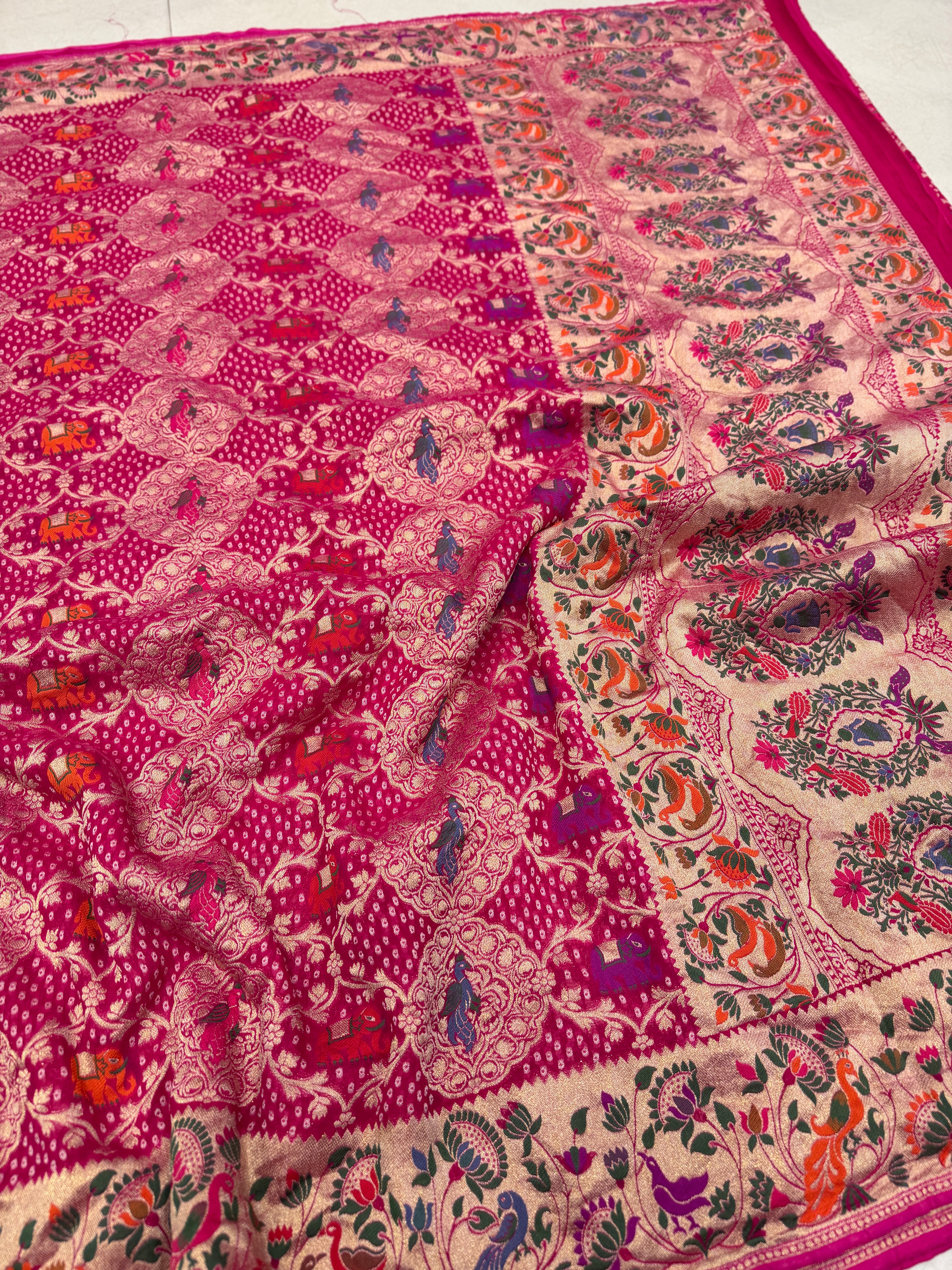Rani Woven Bandhej Meenakari Peacock Parrot Motif Saree