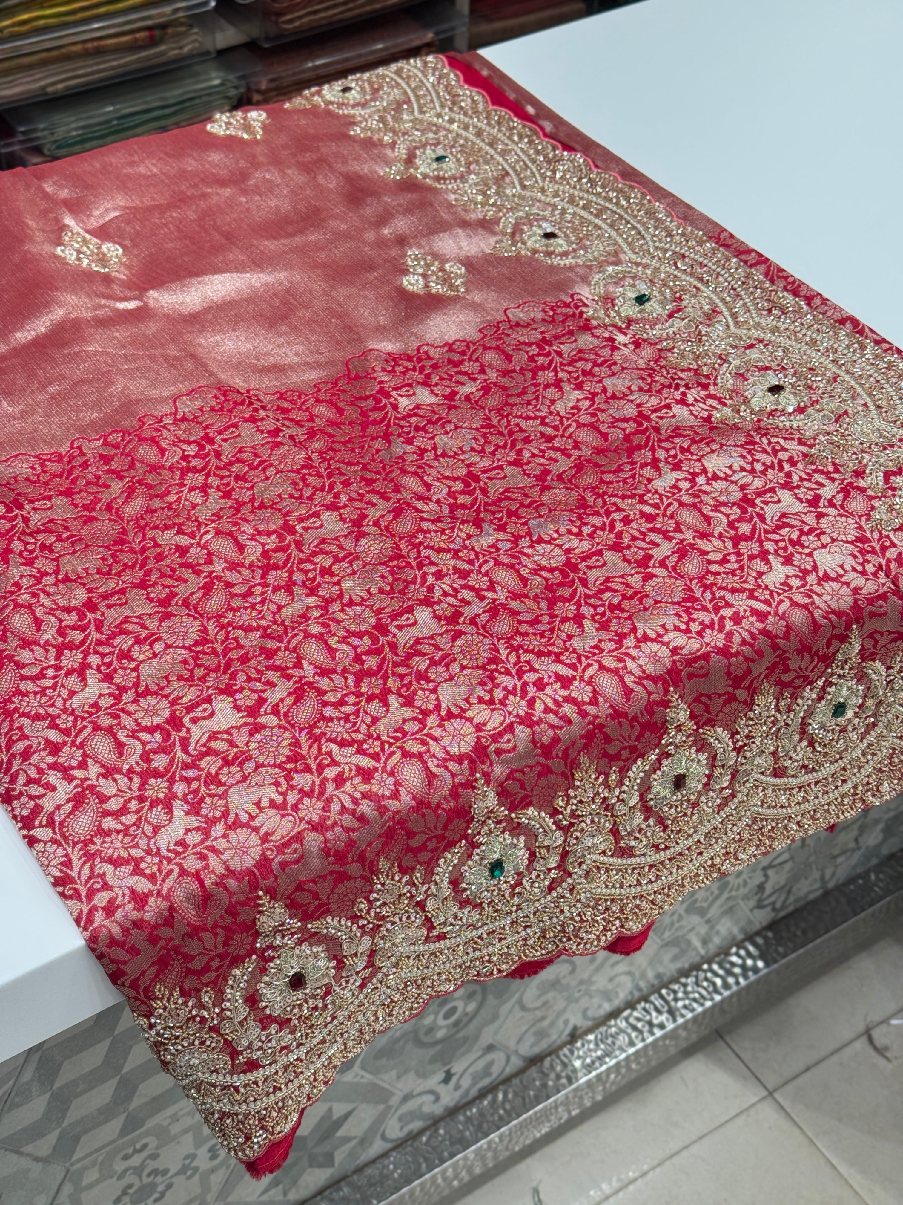 Red Shikara Munga Tissue Embroidery Saree