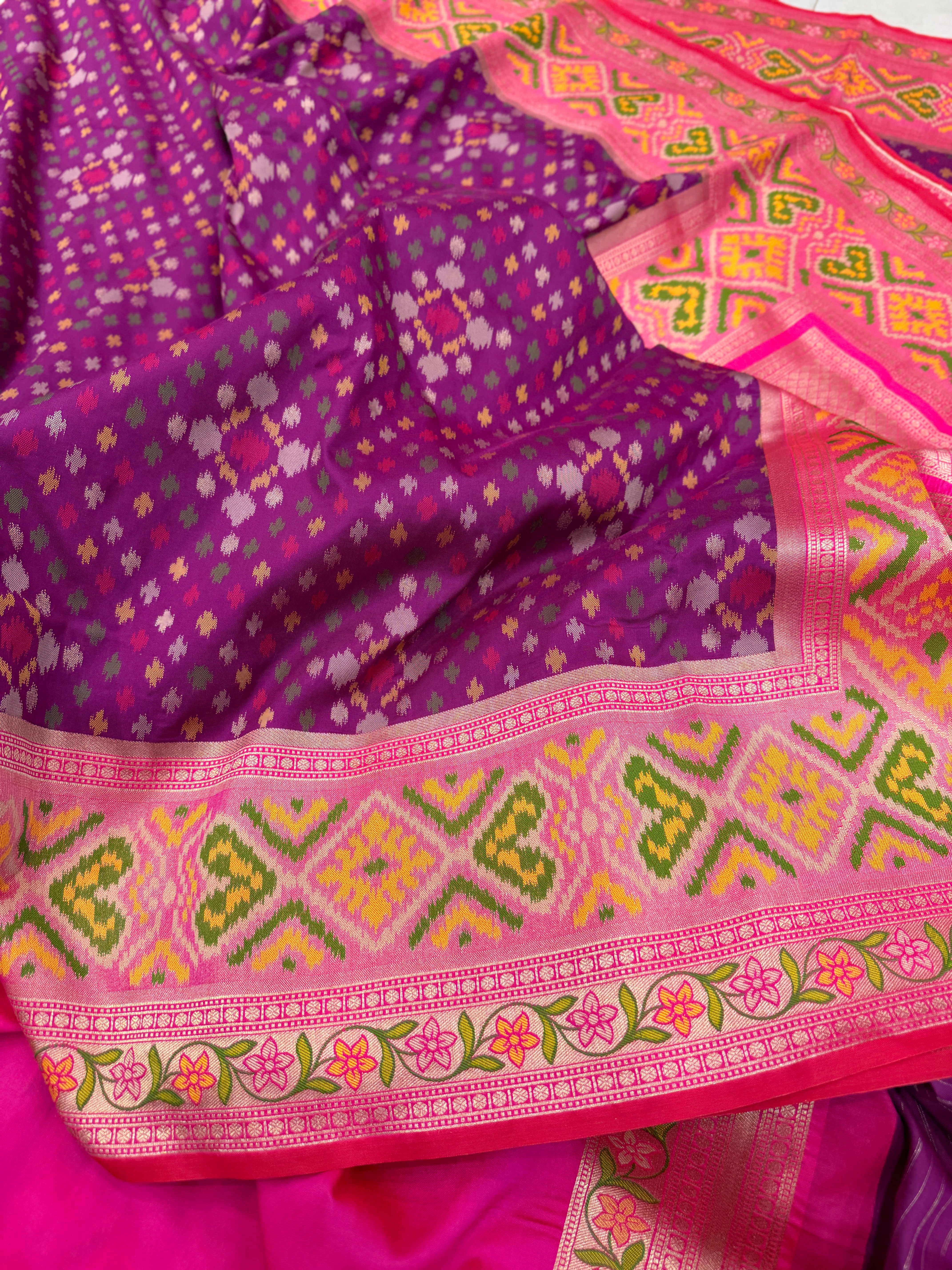 Wine Ikat Patola Banarasi Weaved Small Jaal Saree