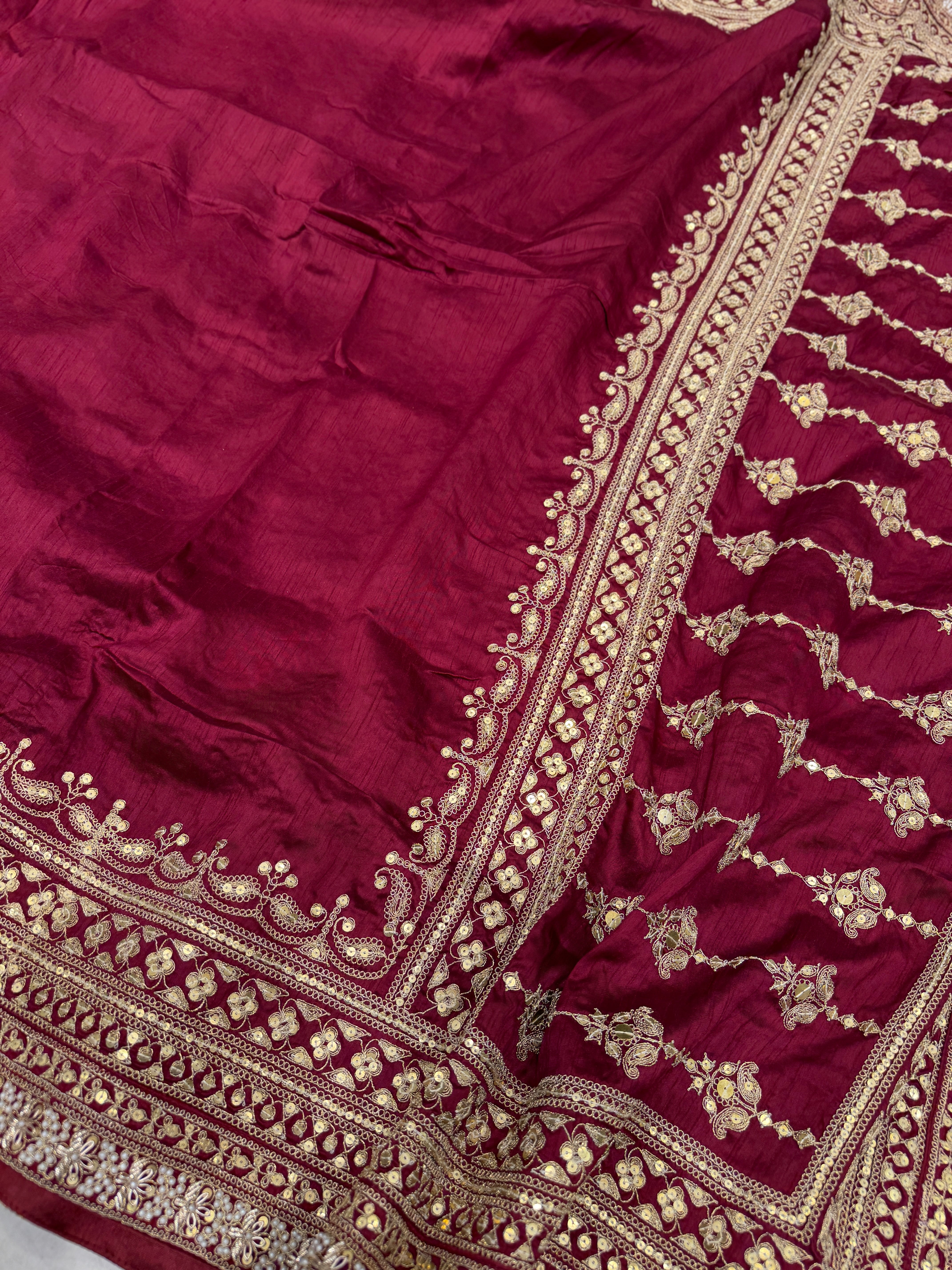Maroon Pure Silk Sabyasachi Inspired Marodi Sequin Jaal Pallu Saree
