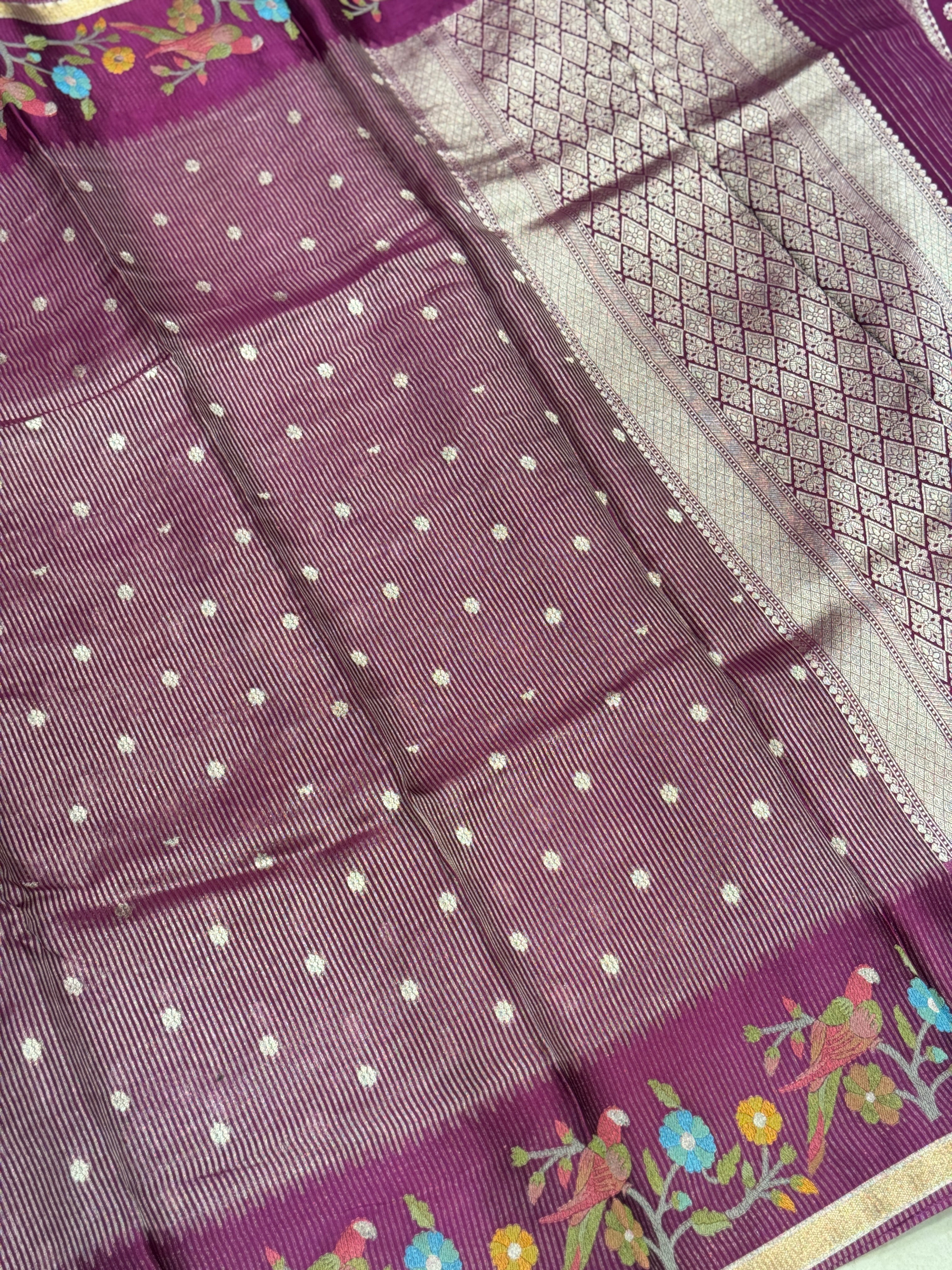 Wine Contemporary Tissue Parsi Petit Point Weaved Saree