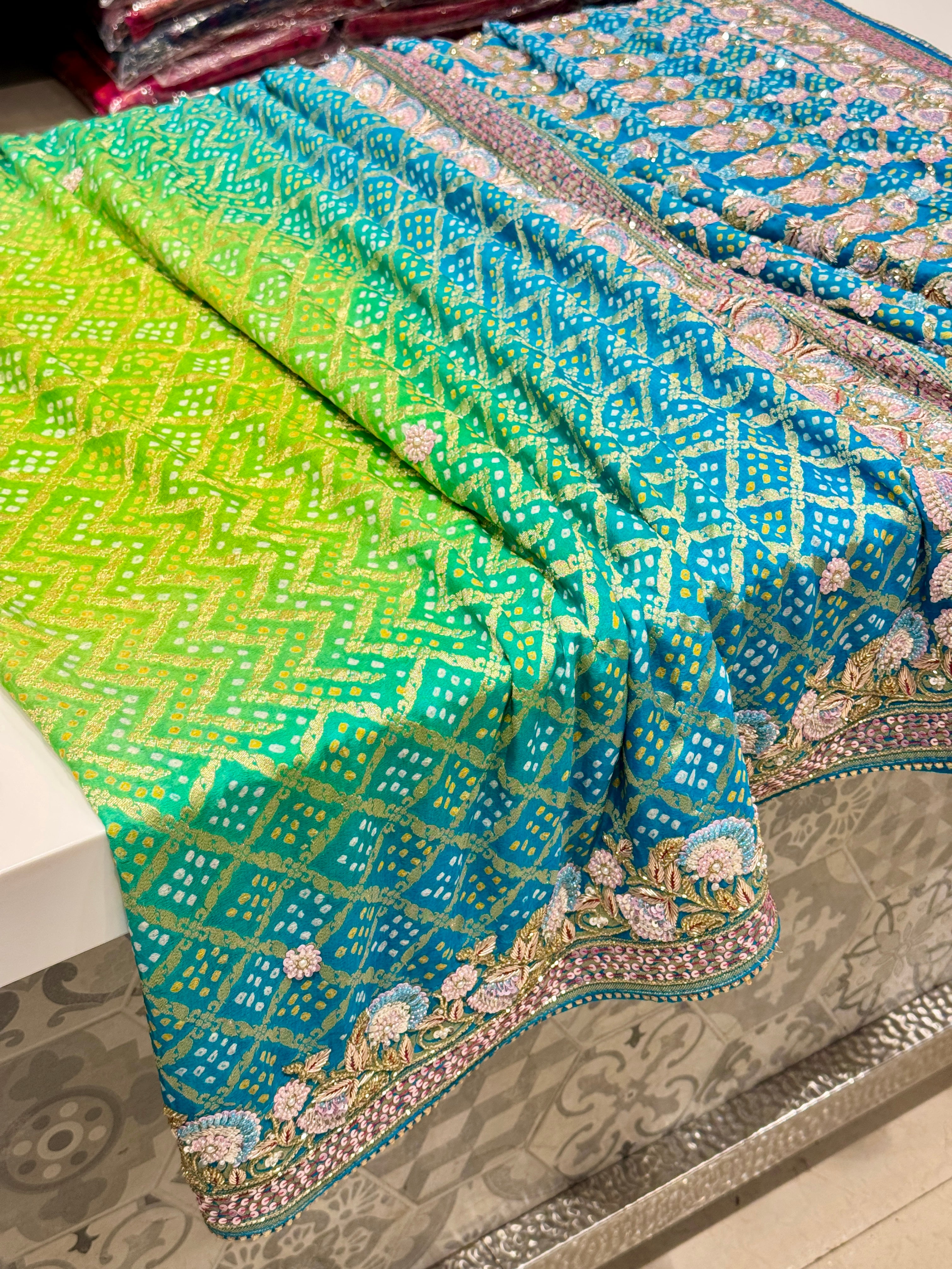 Jhanvi Kapoor Inspire Bandhej Hand Embroidery Saree