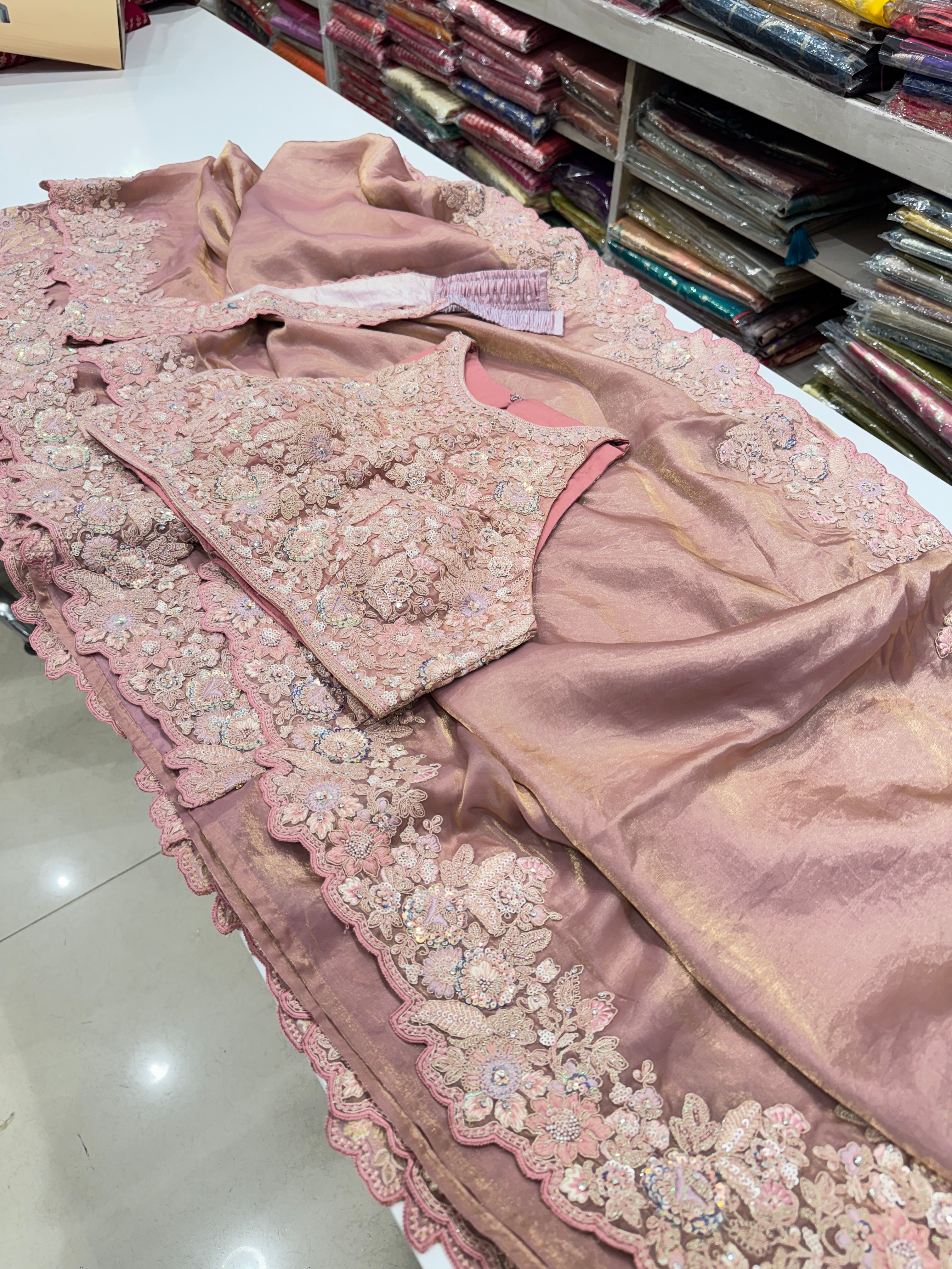 Pink Satin Tissue Embroidered Saree with Ready Blouse