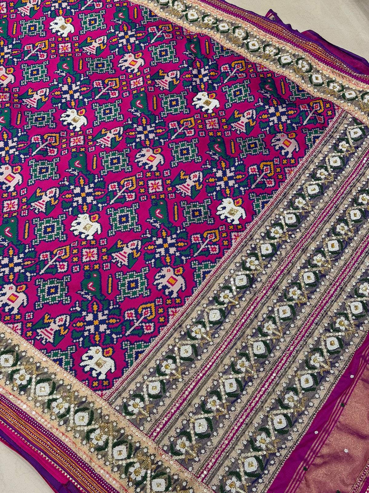 Rani Magenta Semi Silk Patola Kidiya Moti Hand Embroidery Saree