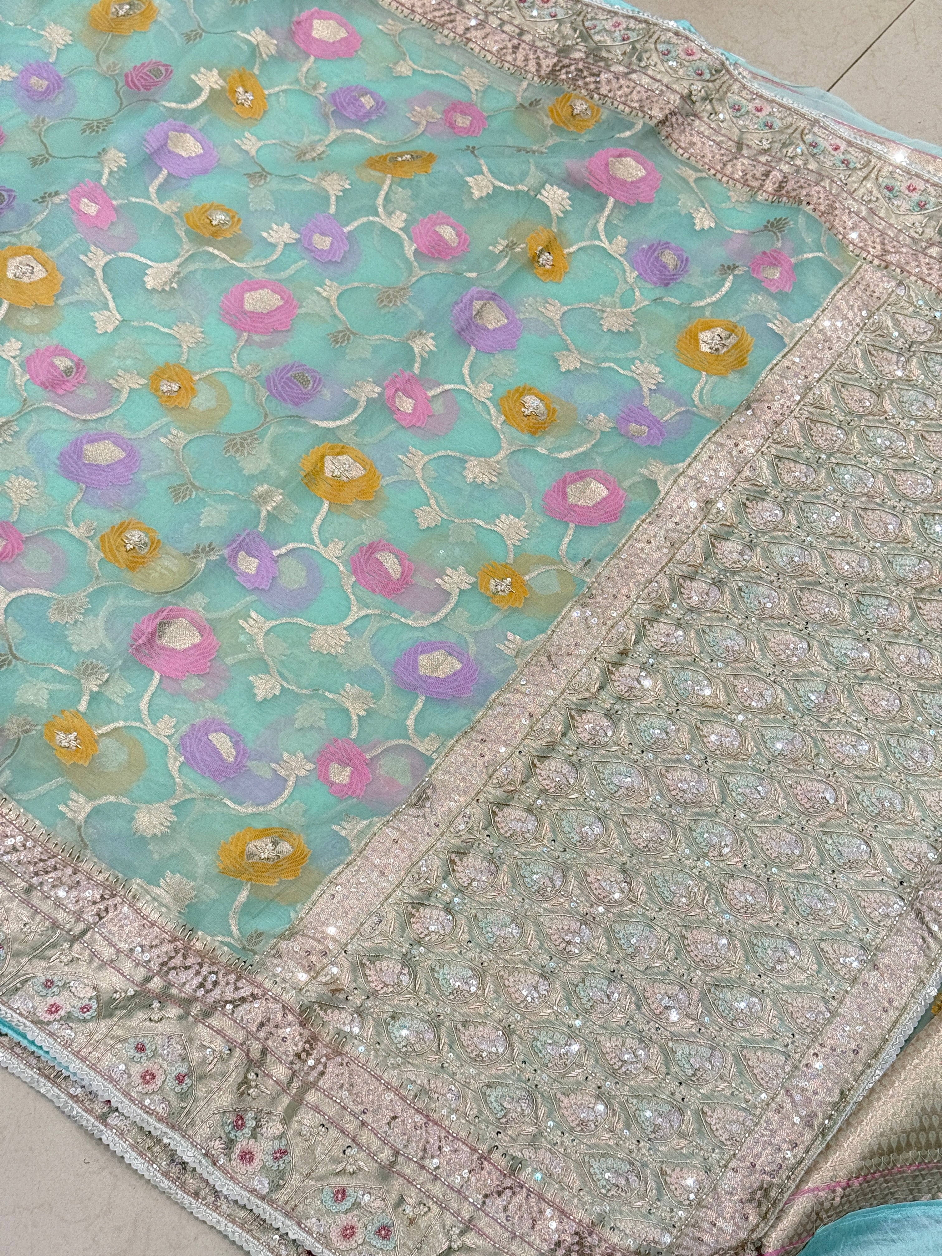 Light Blue Meenakari Banarasi Kora Sequin Zardosi Hand Embroidery Saree