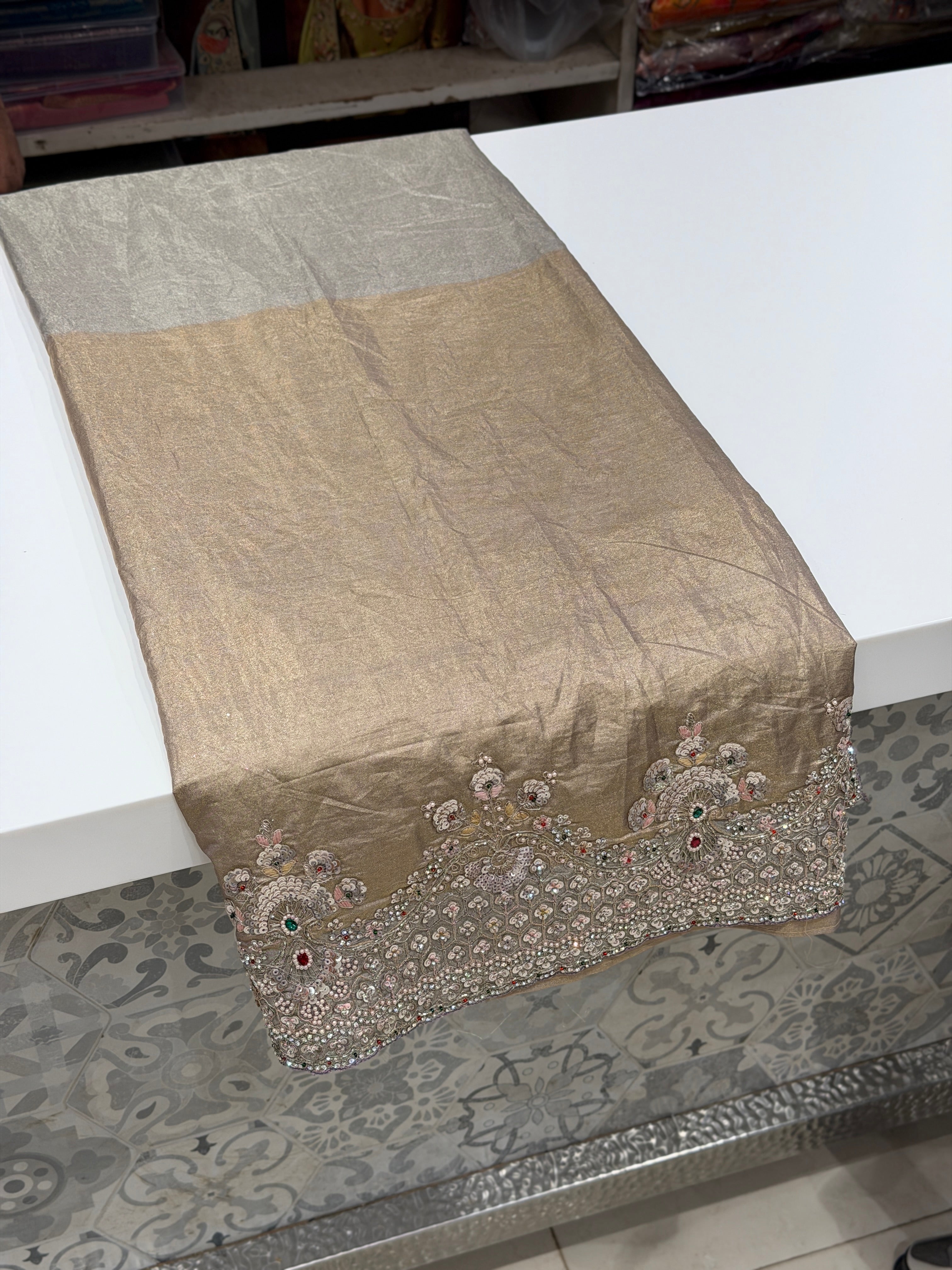 Golden Silver Crushed Paper Tissue Silk Embroidery Saree